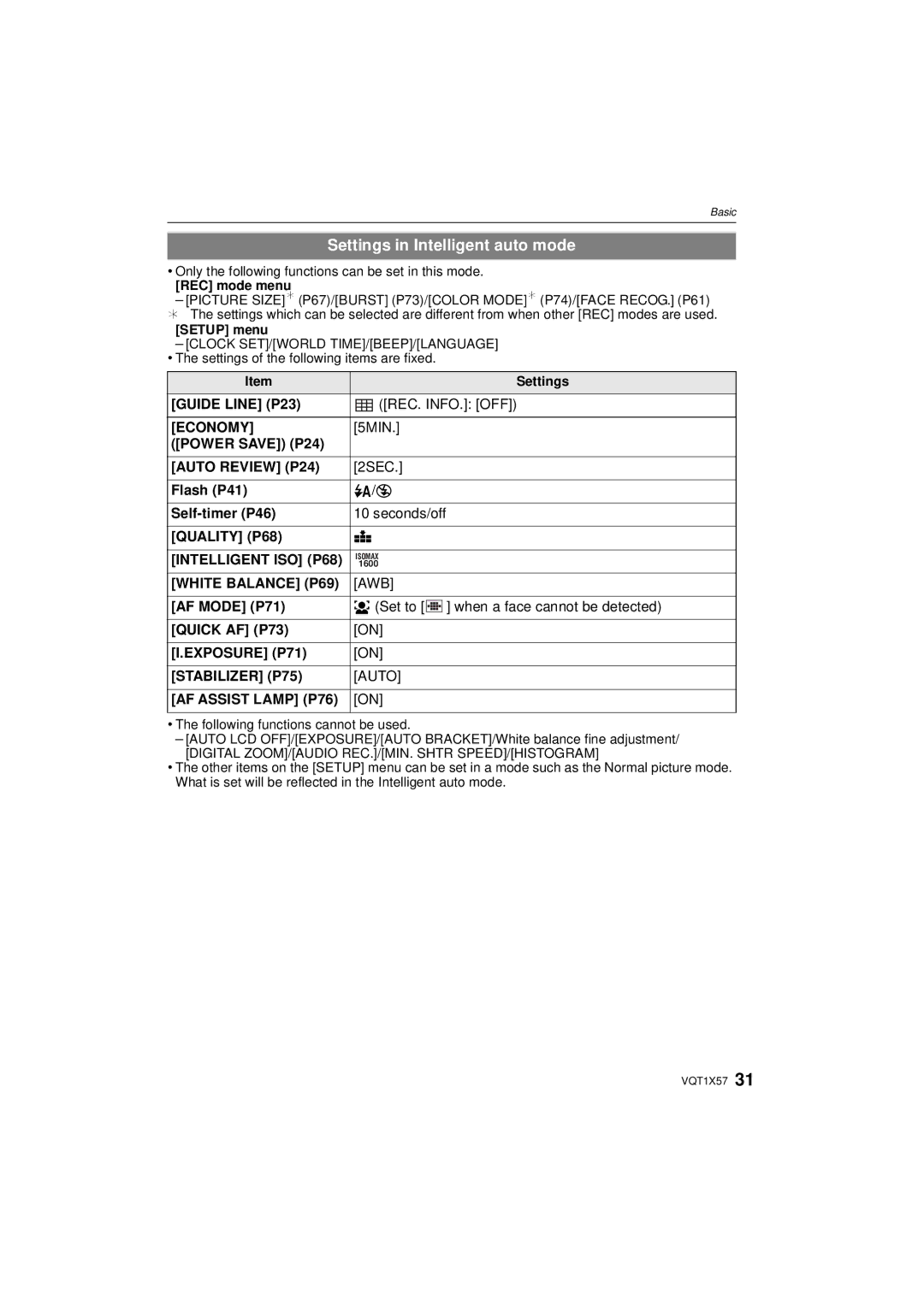 Panasonic DMC-FX48 operating instructions Settings in Intelligent auto mode 