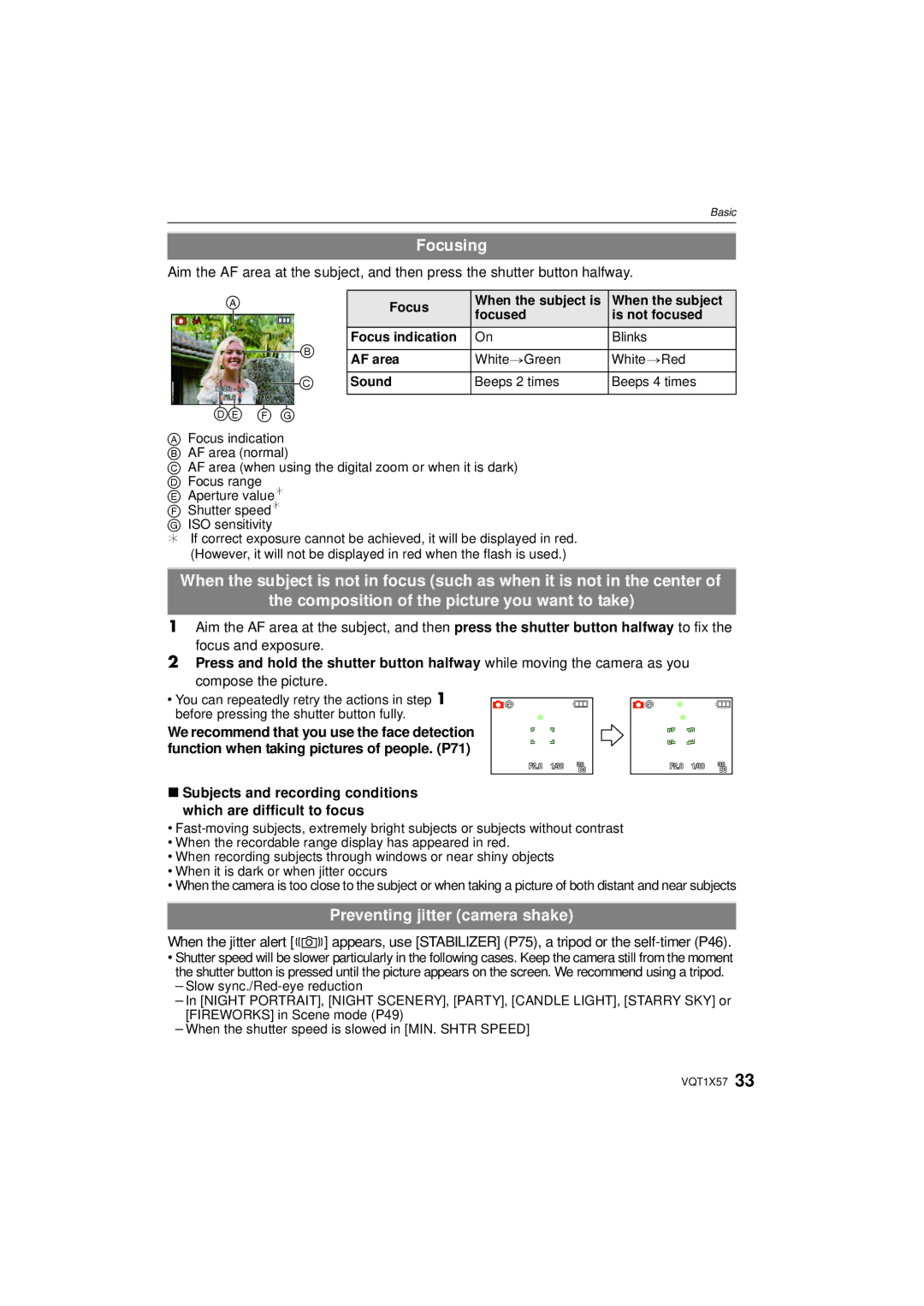 Panasonic DMC-FX48 operating instructions Focusing, Preventing jitter camera shake 