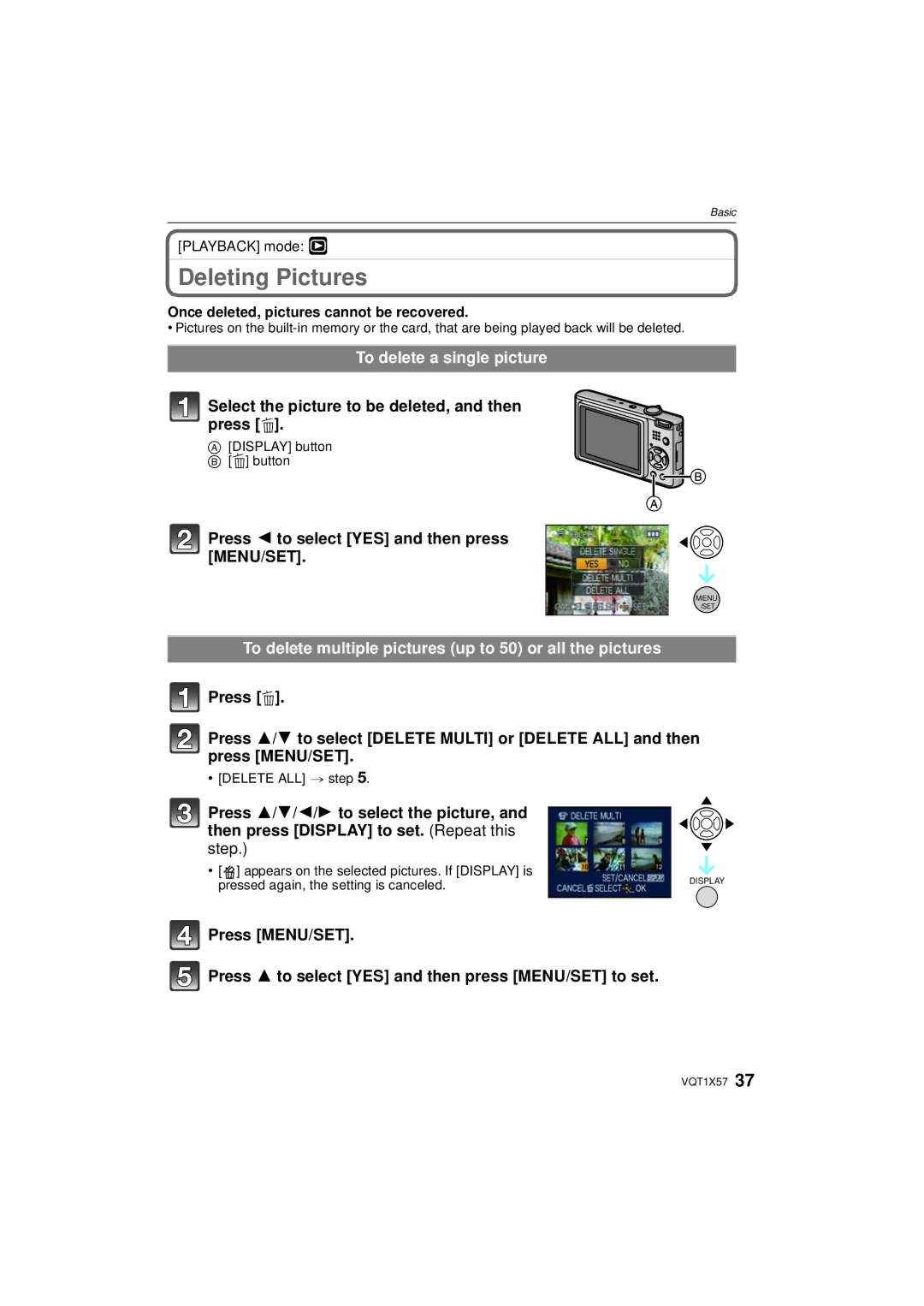 Panasonic DMC-FX48 Deleting Pictures, To delete a single picture, Select the picture to be deleted, and then press ‚ 