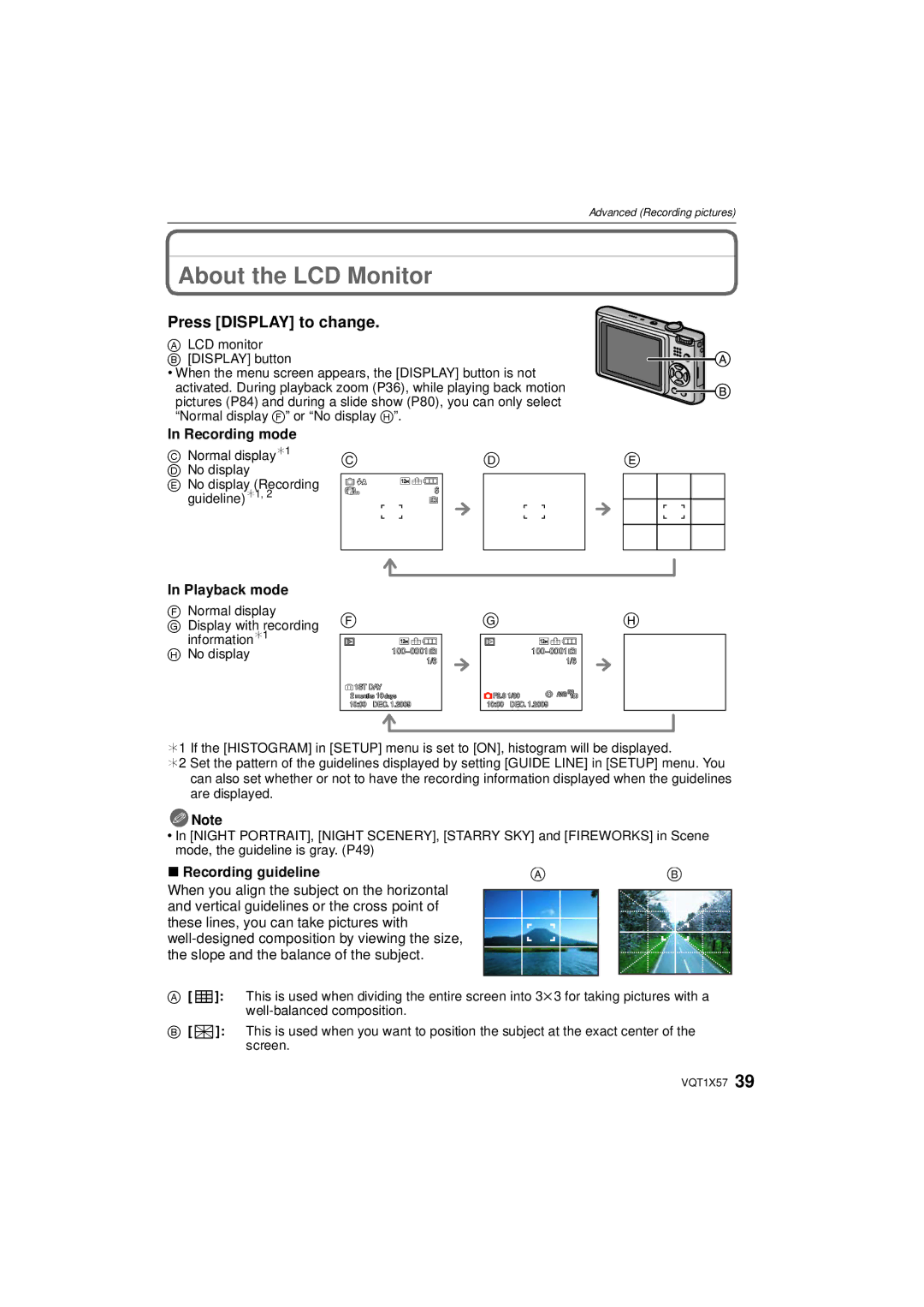 Panasonic DMC-FX48 About the LCD Monitor, Press Display to change, Recording mode, Playback mode, Recording guideline 