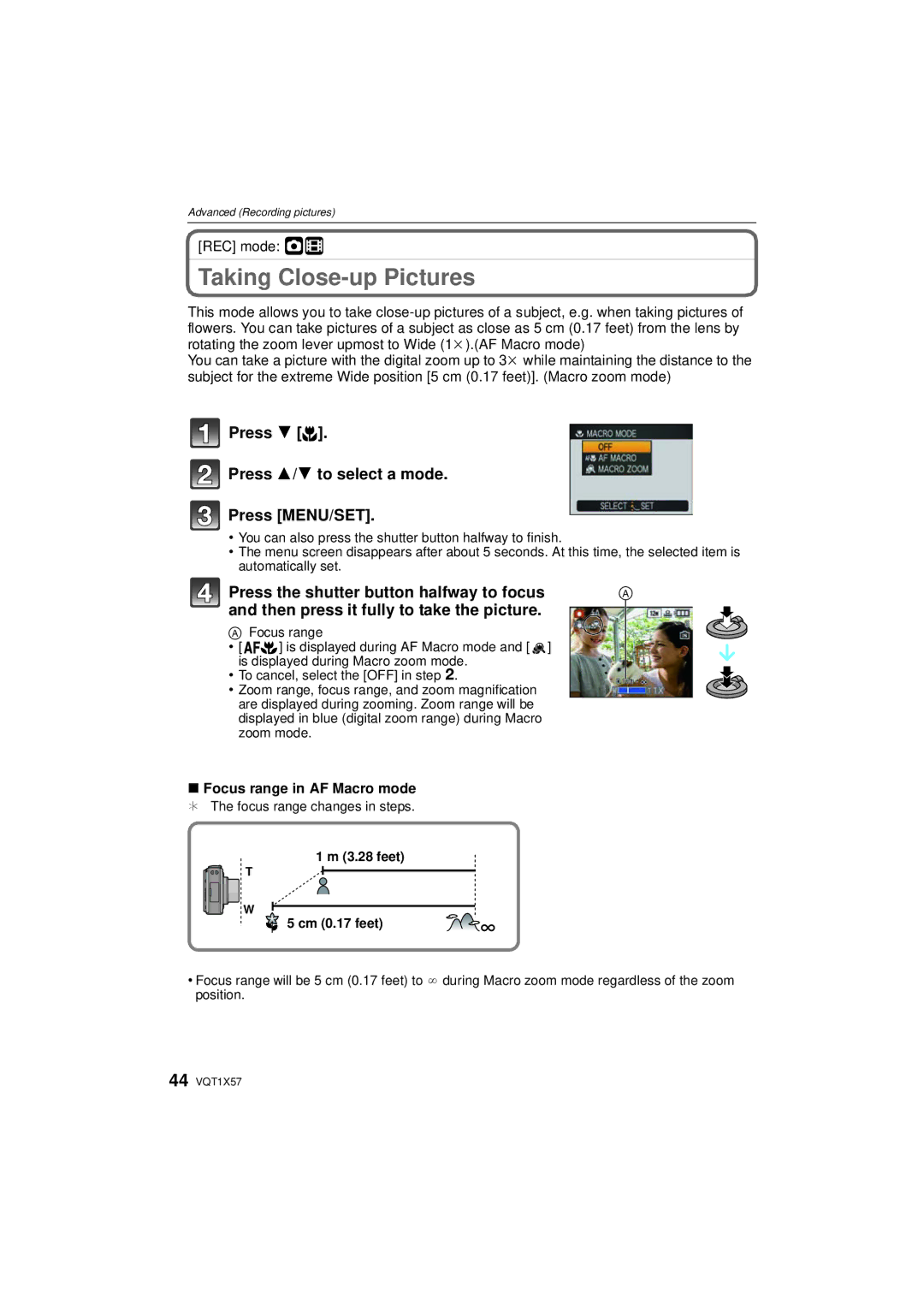 Panasonic DMC-FX48 Taking Close-up Pictures, Press 4 # Press 3/4 to select a mode Press MENU/SET, REC mode ·n 