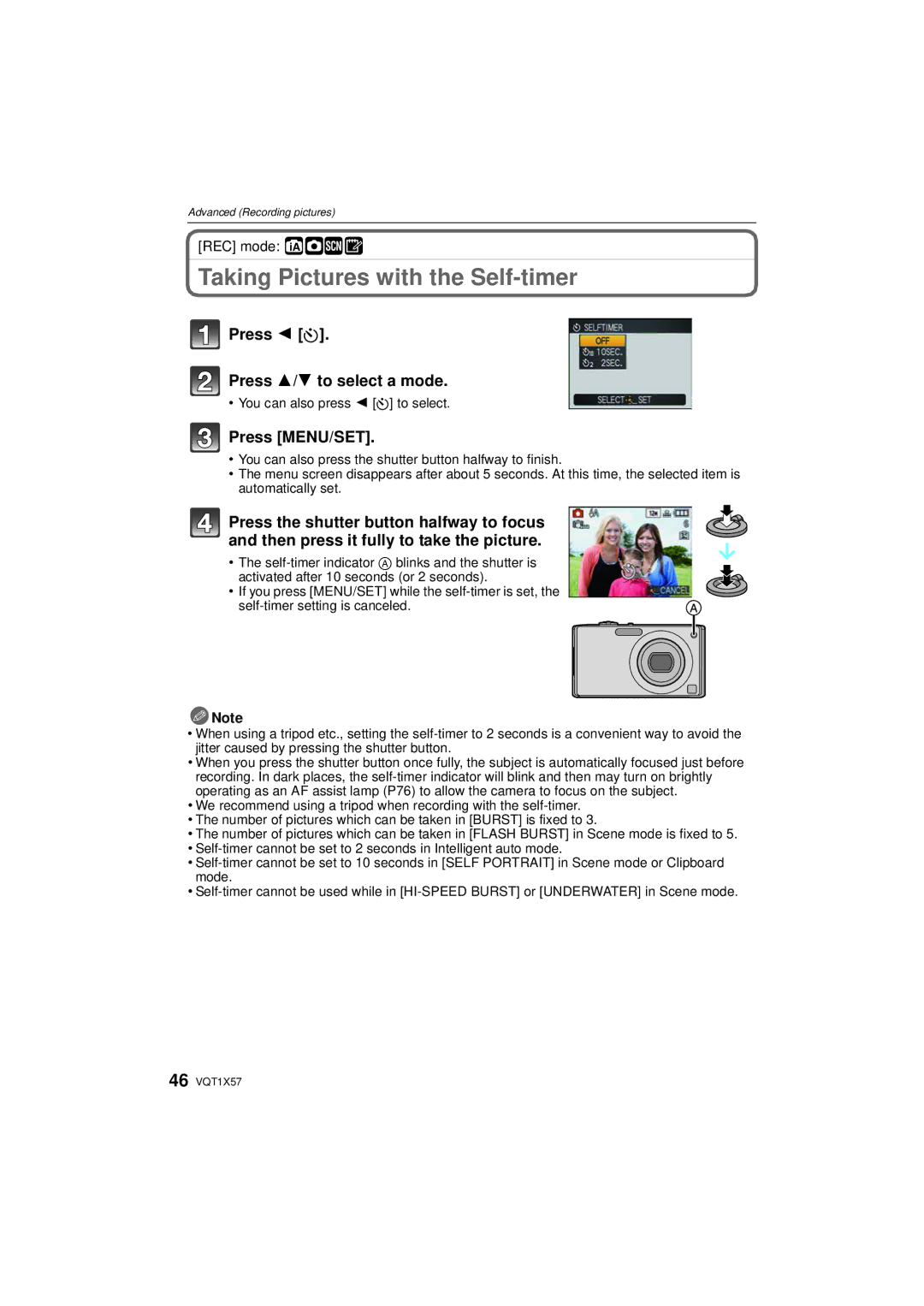 Panasonic DMC-FX48 operating instructions Taking Pictures with the Self-timer, Press 2 ë Press 3/4 to select a mode 