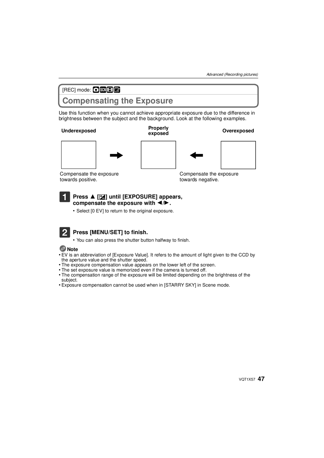 Panasonic DMC-FX48 operating instructions Compensating the Exposure, Press MENU/SET to finish, Properly, Exposed 