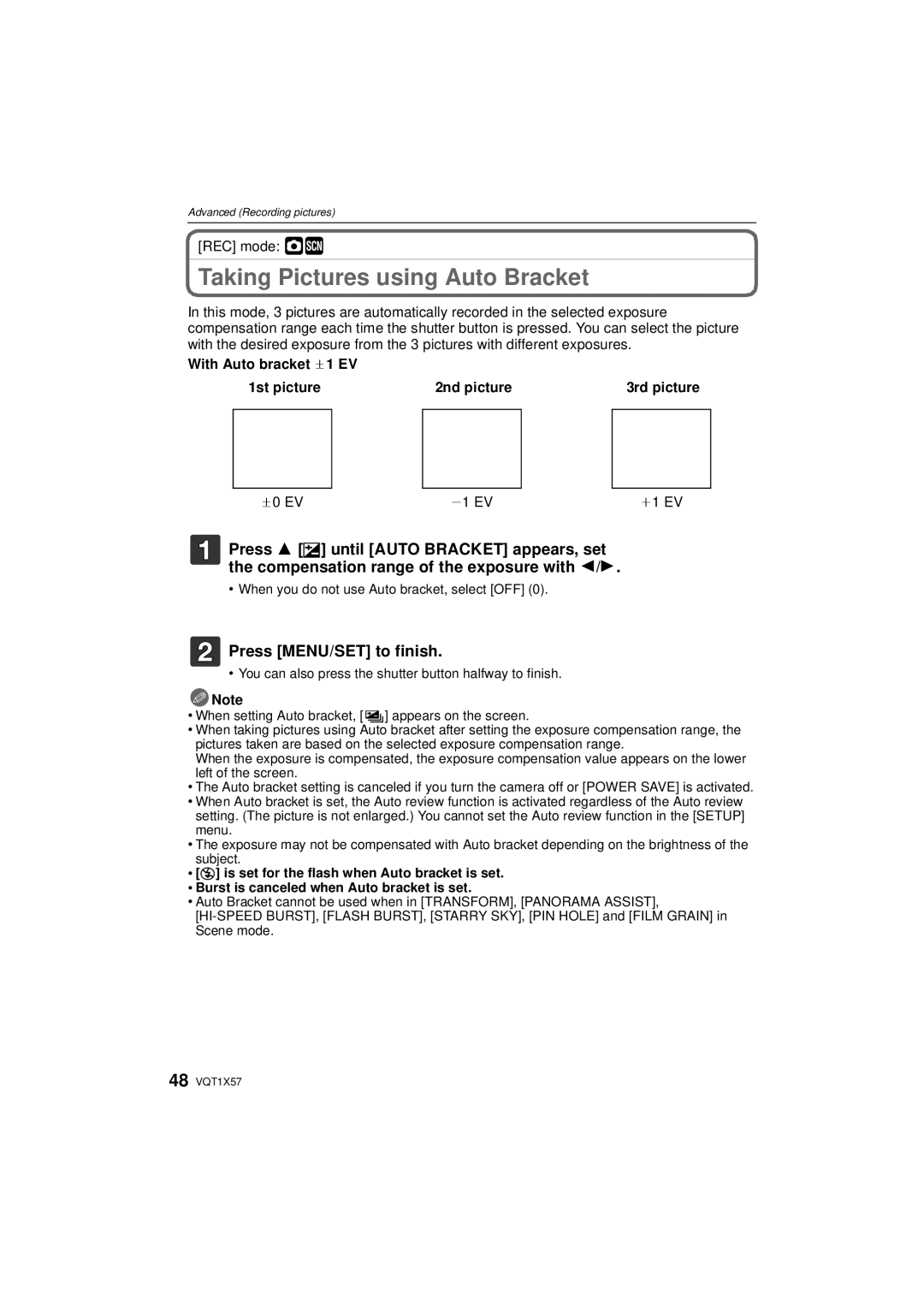 Panasonic DMC-FX48 operating instructions Taking Pictures using Auto Bracket, REC mode ·¿, D0 EV J1 EV I1 EV 