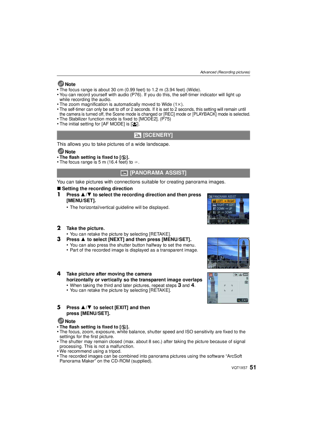 Panasonic DMC-FX48 Scenery, Panorama Assist, Take the picture, Press 3 to select Next and then press MENU/SET 