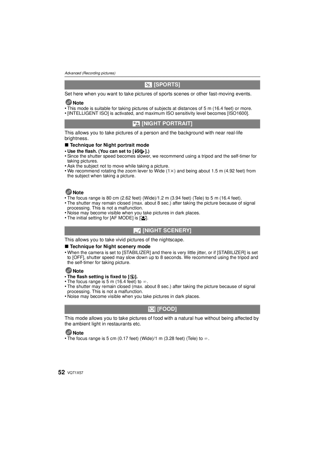 Panasonic DMC-FX48 operating instructions Sports, Night Portrait, Night Scenery, Food 