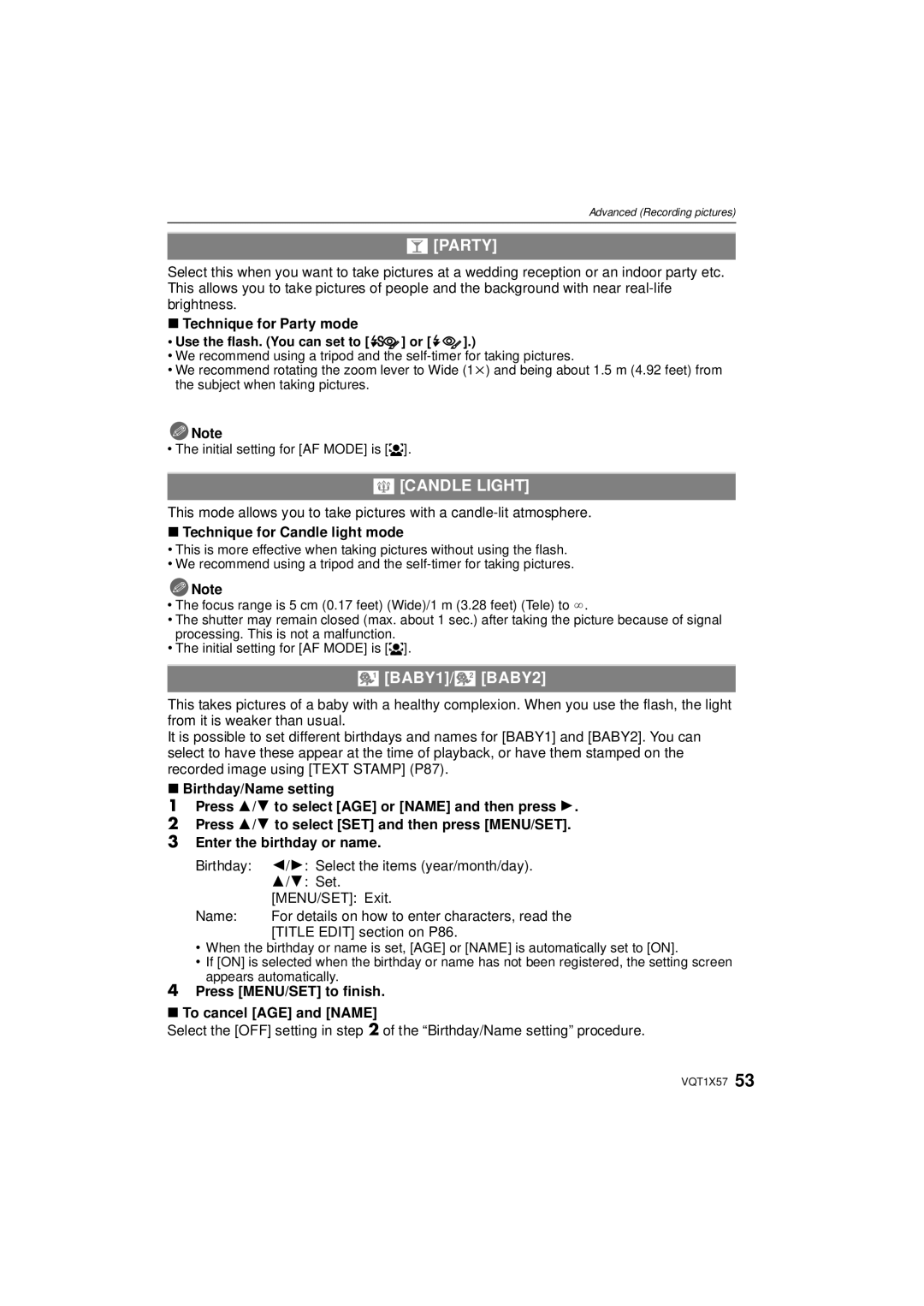 Panasonic DMC-FX48 operating instructions Party, Candle Light, BABY1/ BABY2 