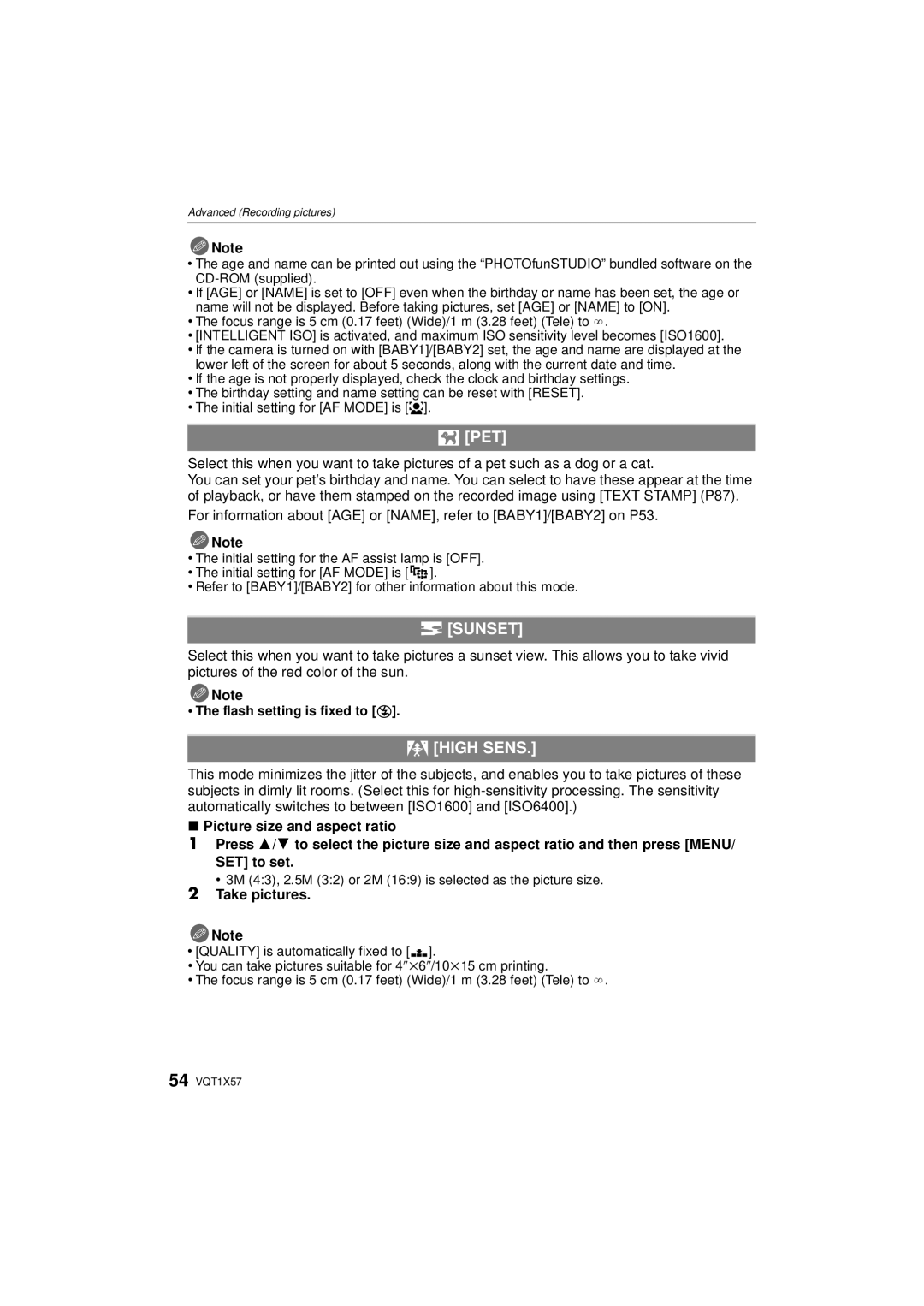 Panasonic DMC-FX48 operating instructions Pet, Sunset, High Sens, 3M 43, 2.5M 32 or 2M 169 is selected as the picture size 