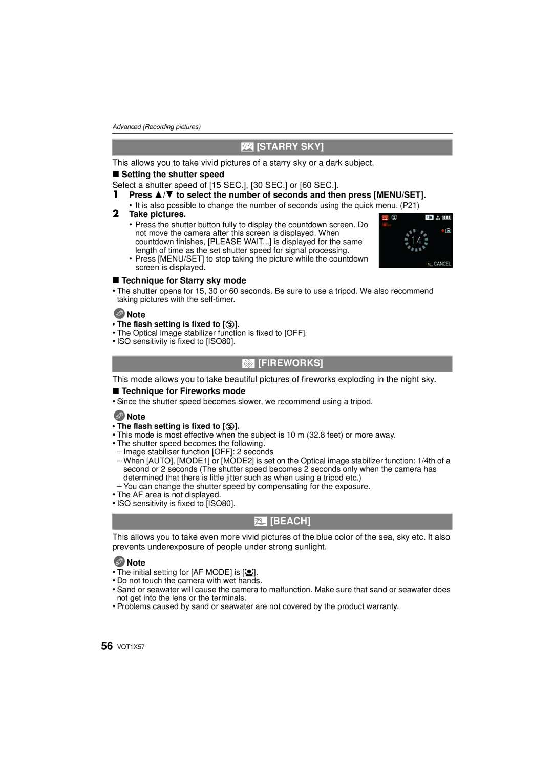 Panasonic DMC-FX48 operating instructions Starry SKY, Fireworks, Beach 