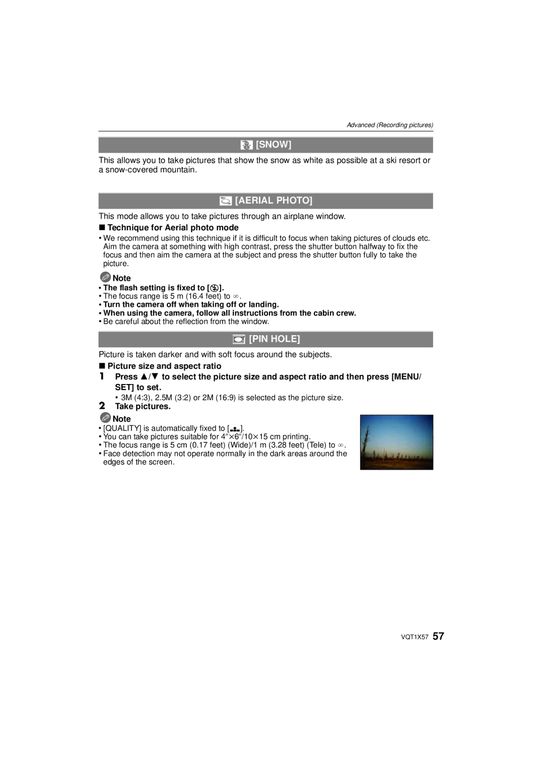 Panasonic DMC-FX48 operating instructions Snow, Aerial Photo, PIN Hole, Technique for Aerial photo mode 