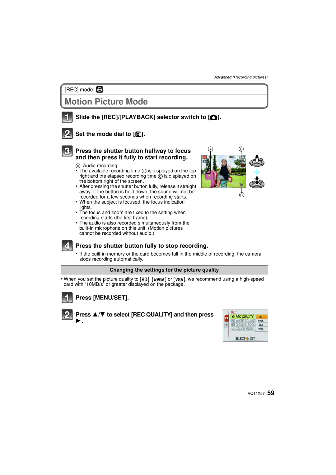 Panasonic DMC-FX48 operating instructions Motion Picture Mode, Press the shutter button fully to stop recording, REC mode n 