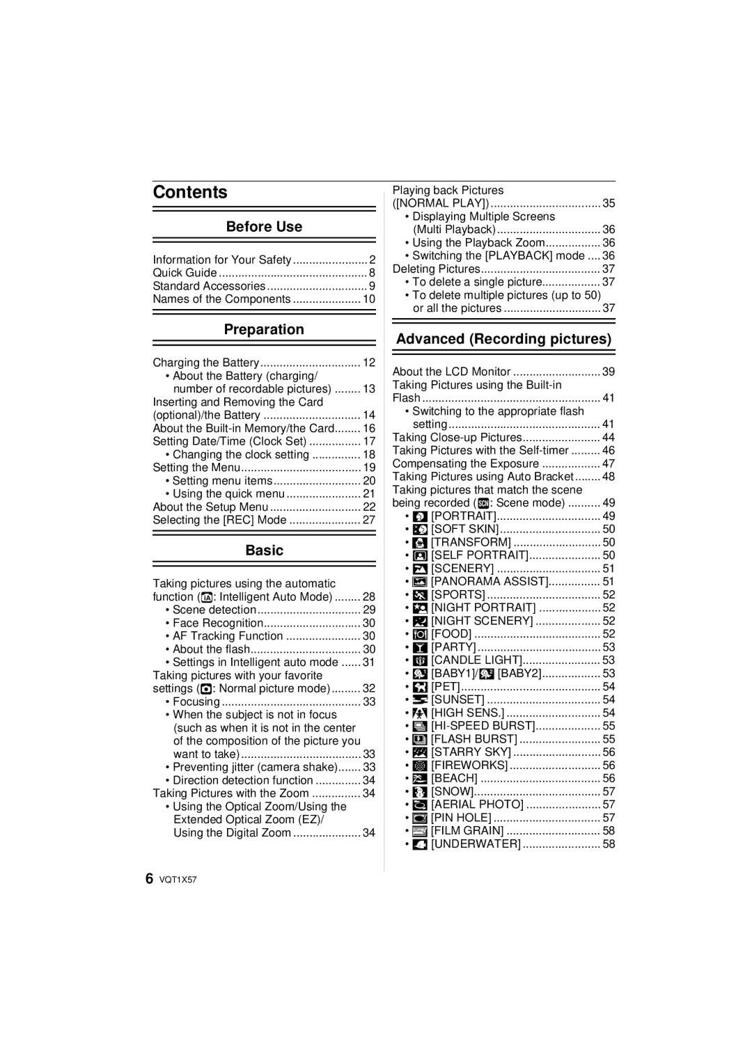 Panasonic DMC-FX48 operating instructions Contents 