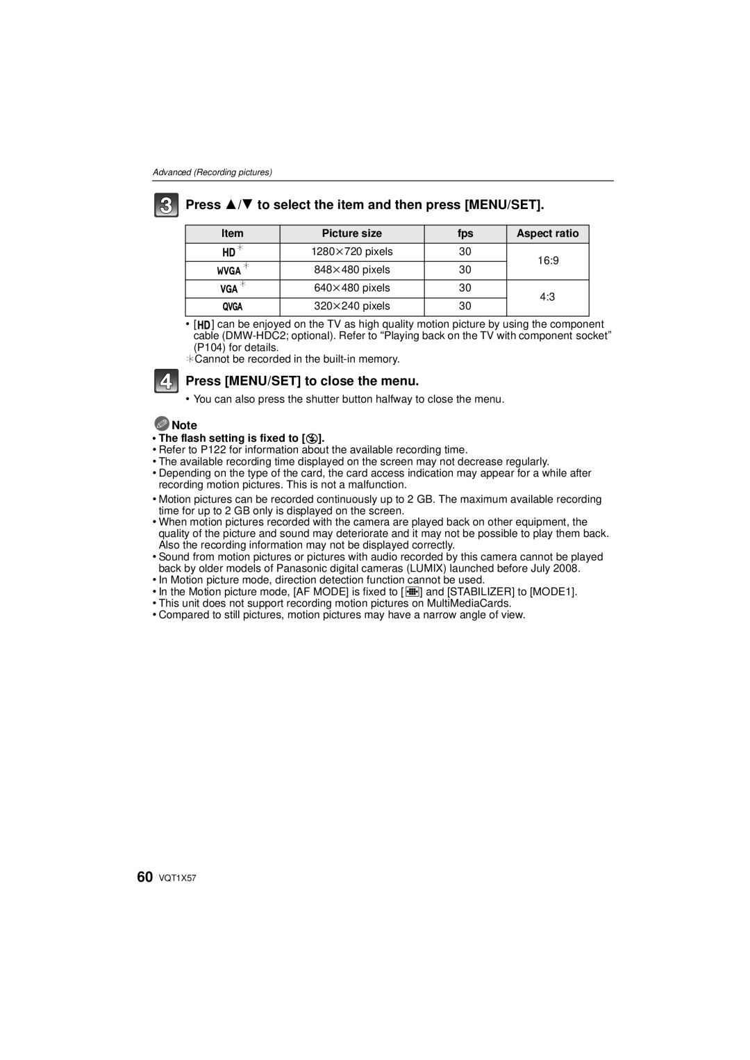 Panasonic DMC-FX48 operating instructions Press 3/4 to select the item and then press MENU/SET, 1280k720 pixels 