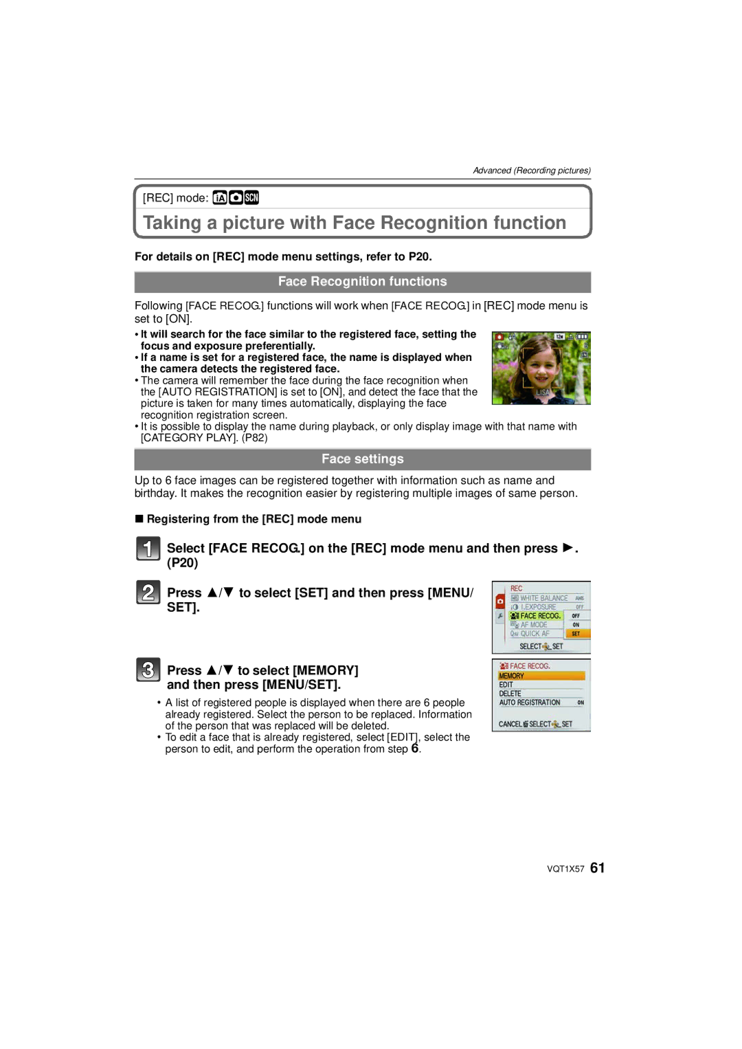 Panasonic DMC-FX48 Taking a picture with Face Recognition function, Face Recognition functions, Face settings 