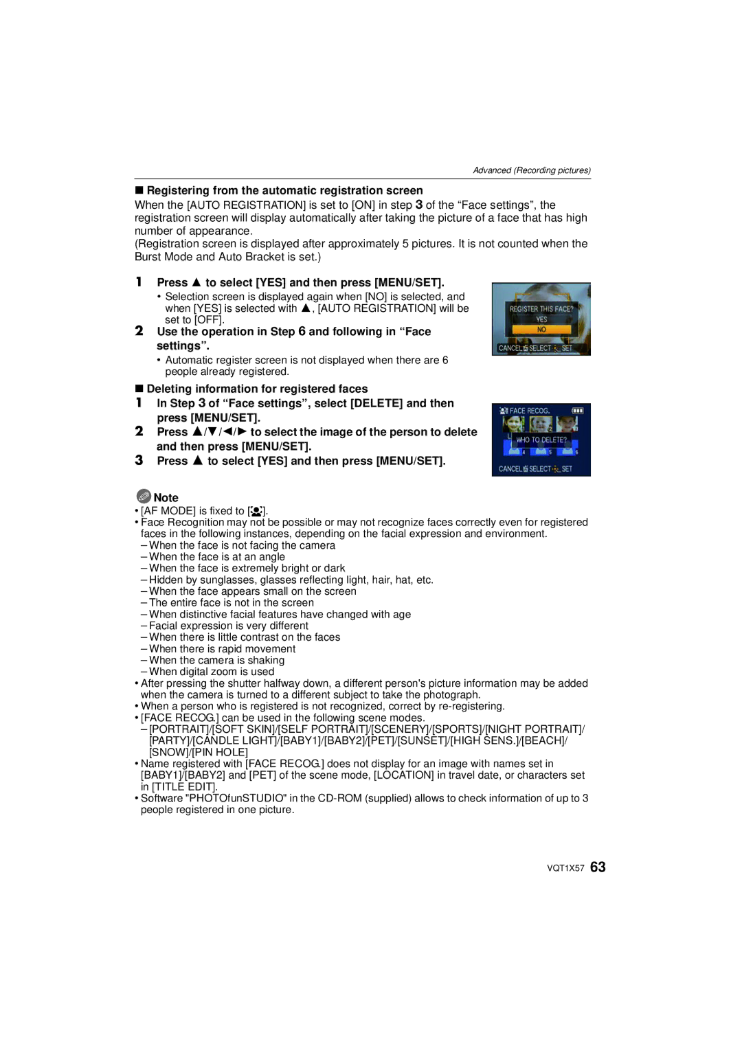 Panasonic DMC-FX48 Registering from the automatic registration screen, Press 3 to select YES and then press MENU/SET 