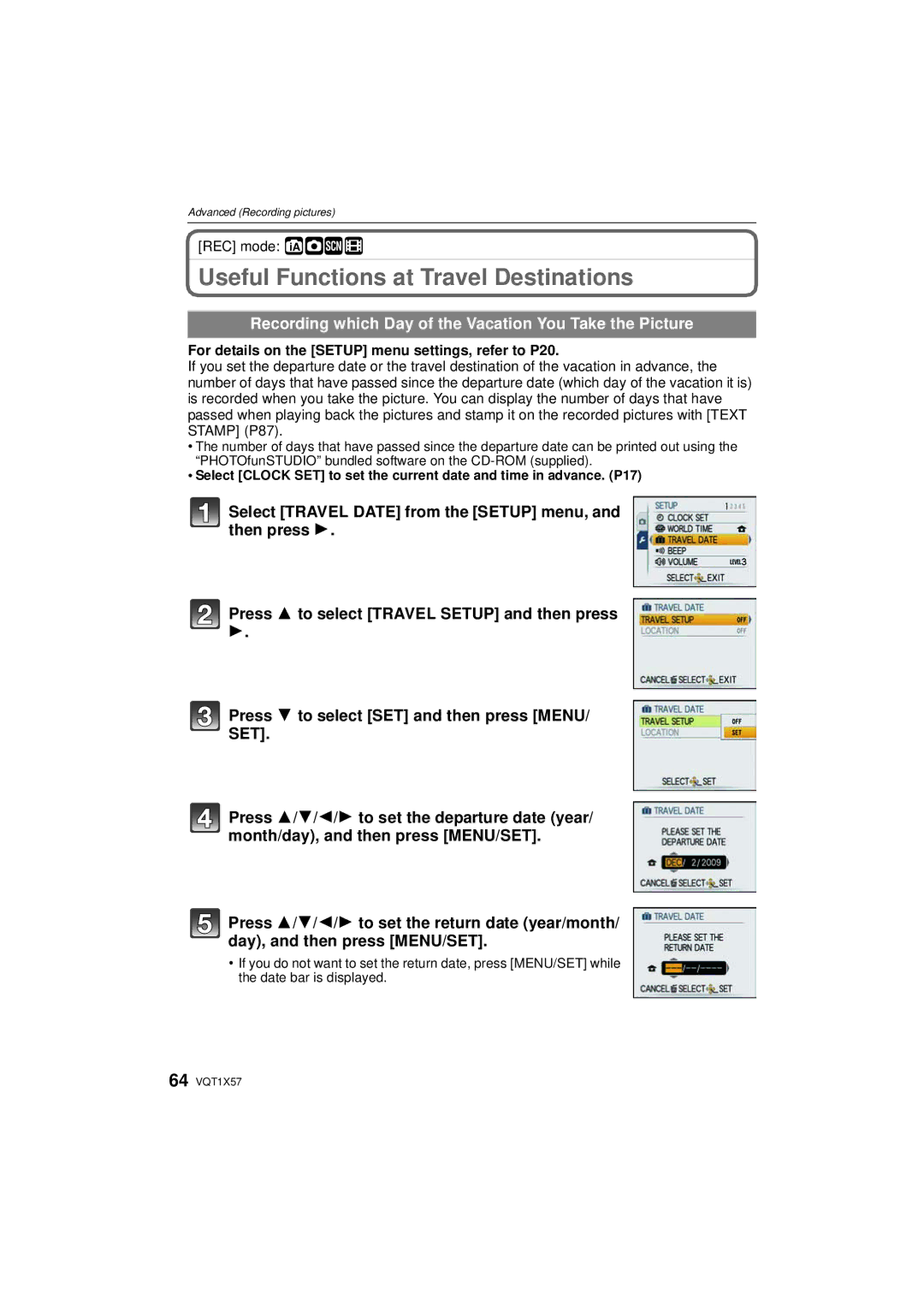 Panasonic DMC-FX48 Useful Functions at Travel Destinations, Recording which Day of the Vacation You Take the Picture 