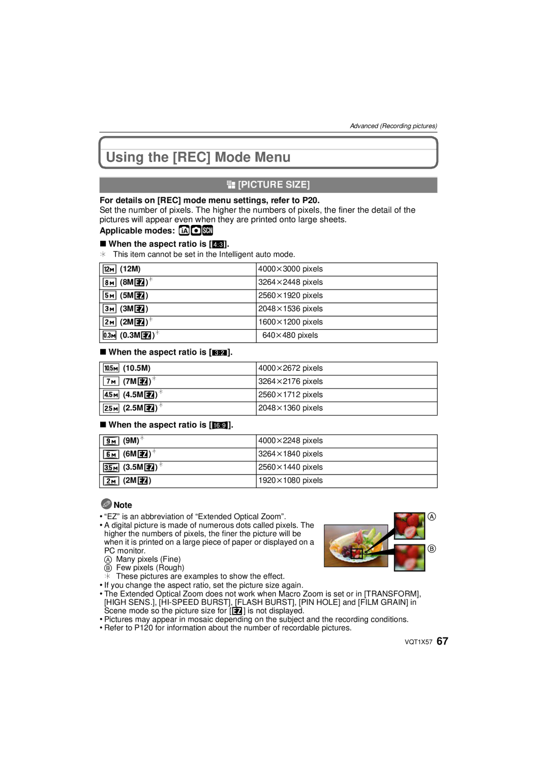 Panasonic DMC-FX48 Using the REC Mode Menu, @ Picture Size, Applicable modes ñ·¿ When the aspect ratio is 