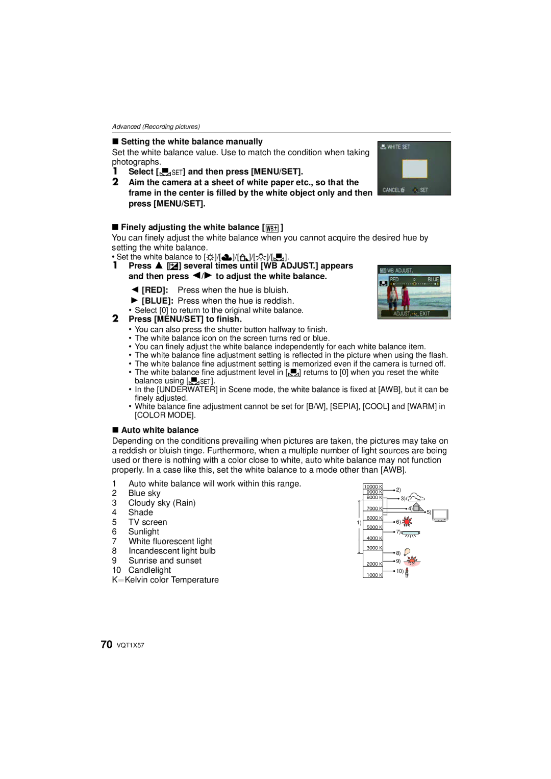 Panasonic DMC-FX48 operating instructions Setting the white balance manually, Press MENU/SET to finish, Auto white balance 