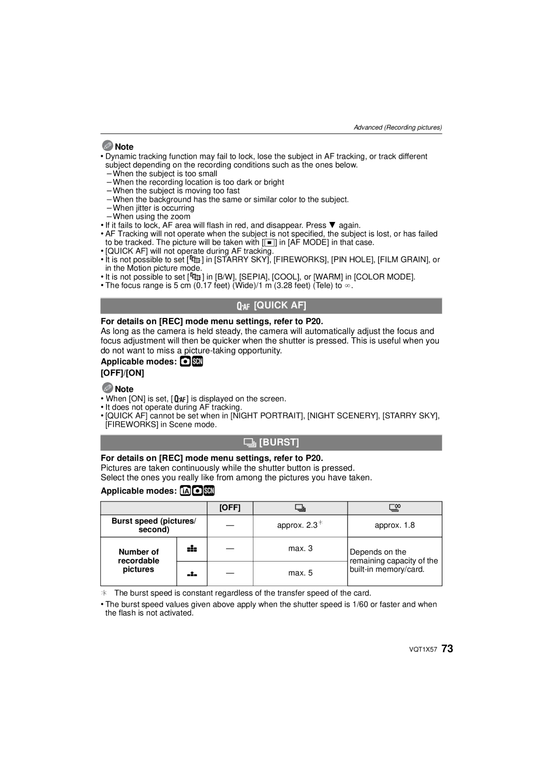 Panasonic DMC-FX48 operating instructions Quick AF, ˜ Burst, Applicable modes ·¿ OFF/ON Note, Number 