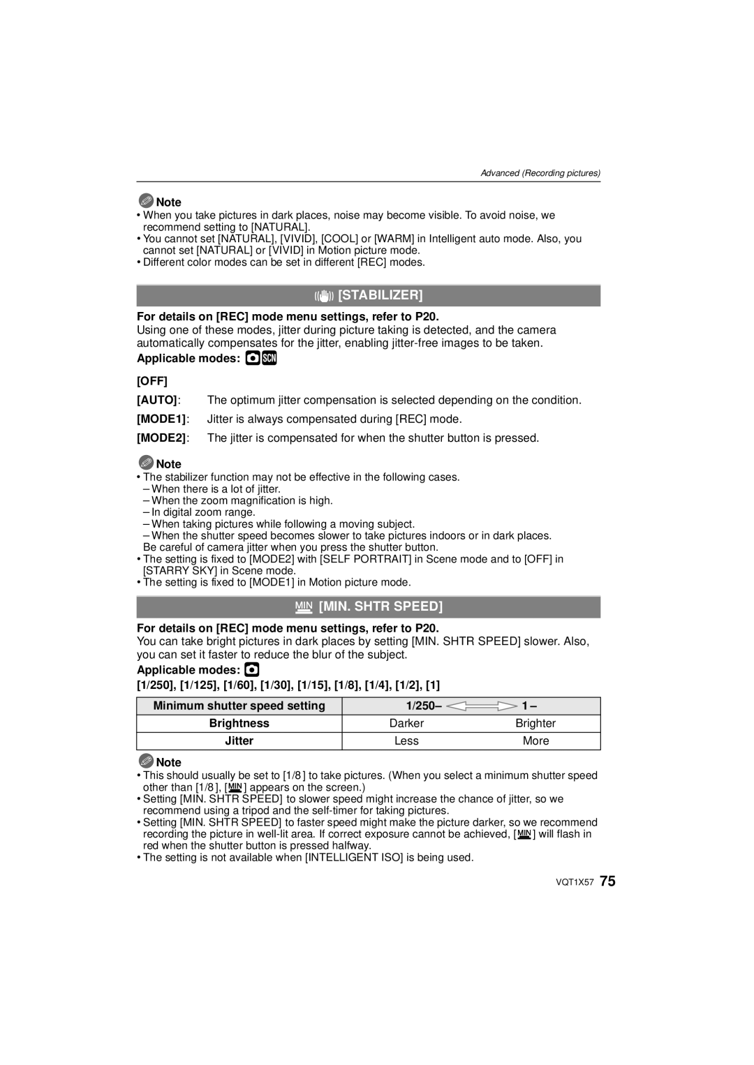 Panasonic DMC-FX48 operating instructions Stabilizer, MIN. Shtr Speed, 250, Darker Brighter, More 