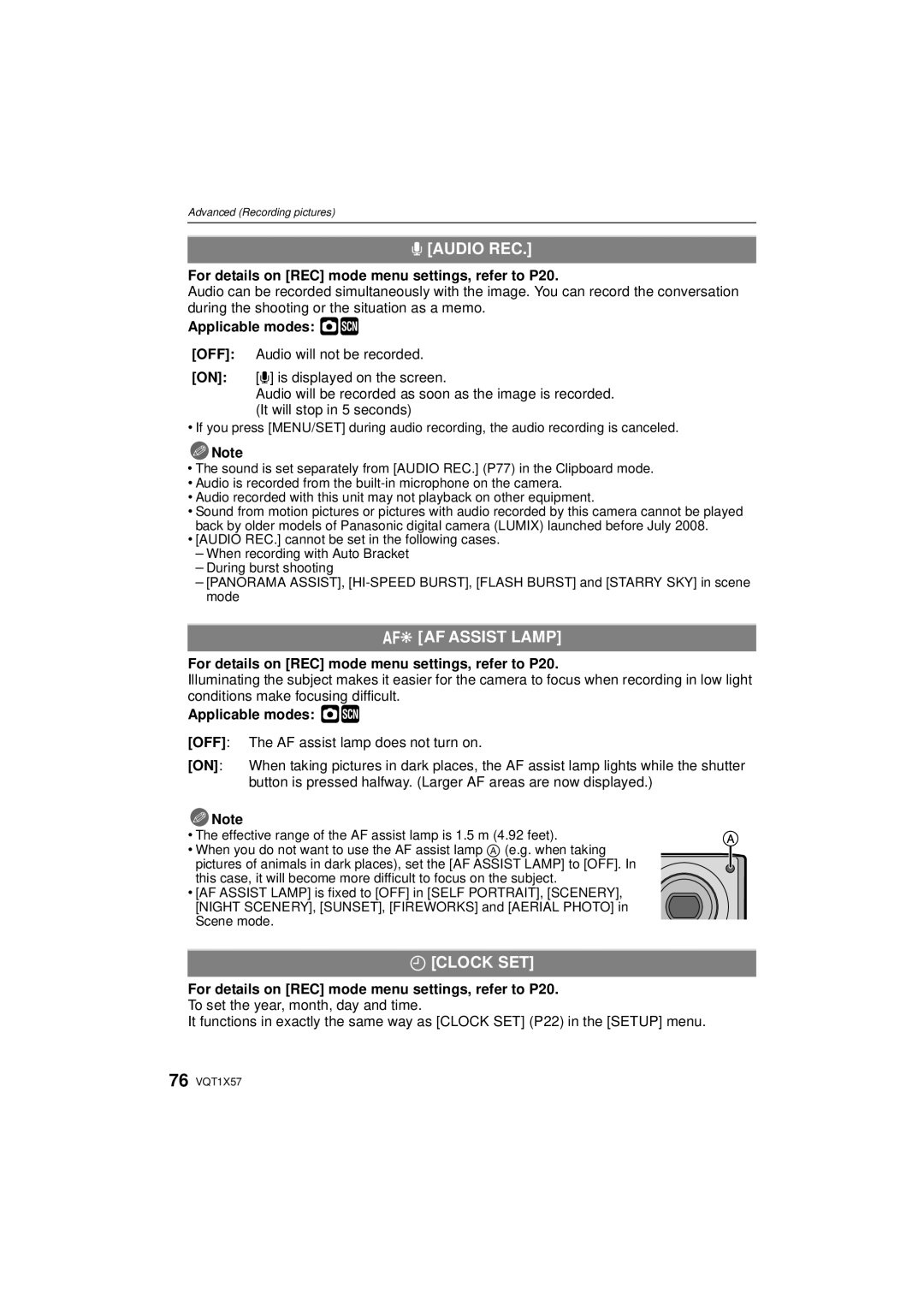 Panasonic DMC-FX48 operating instructions Audio REC, AF Assist Lamp, Clock SET 