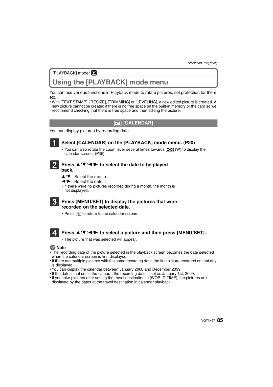 Panasonic DMC-FX48 Using the Playback mode menu, CAL Calendar, Select Calendar on the Playback mode menu. P20 