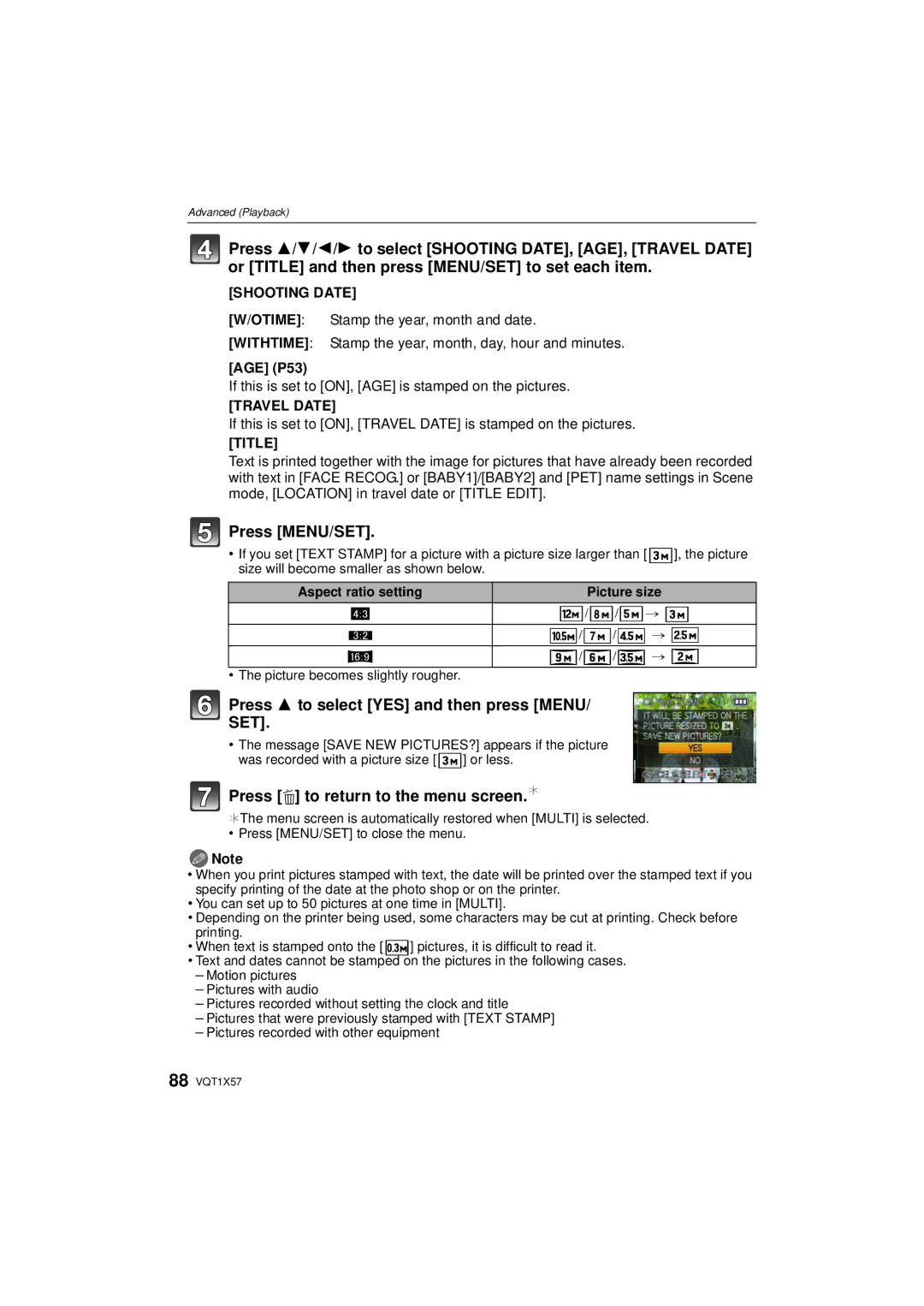 Panasonic DMC-FX48 Press 3 to select YES and then press Menu, Shooting Date, AGE P53, Travel Date, Title 