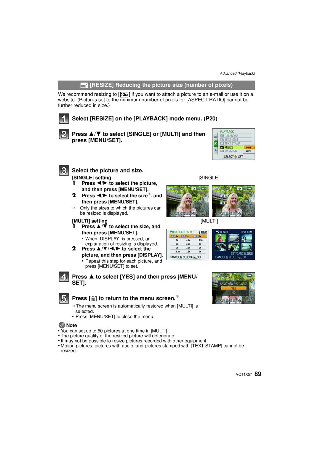 Panasonic DMC-FX48 operating instructions Resize Reducing the picture size number of pixels, Single, Multi 