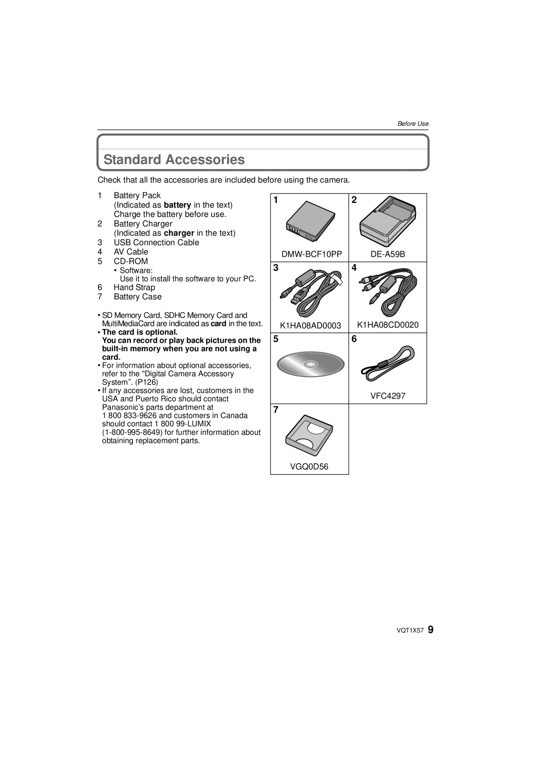 Panasonic DMC-FX48 operating instructions Standard Accessories, Hand Strap Battery Case, K1HA08AD0003 K1HA08CD0020 VFC4297 