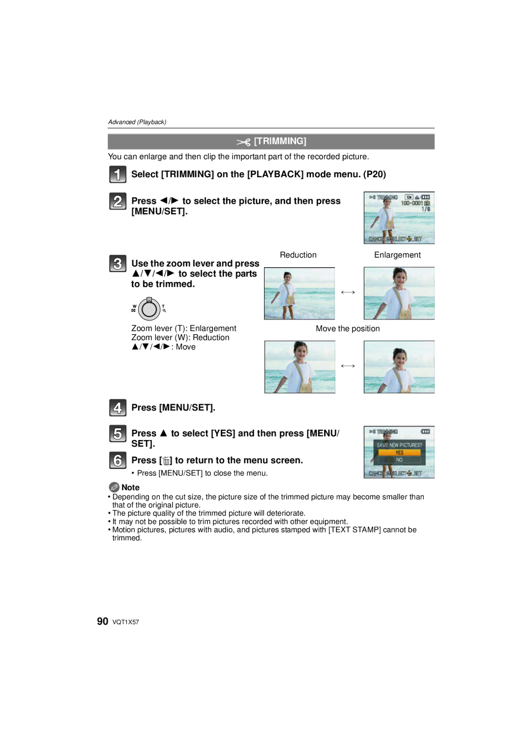 Panasonic DMC-FX48 Trimming, Press MENU/SET Press 3 to select YES and then press Menu, Reduction Enlargement 