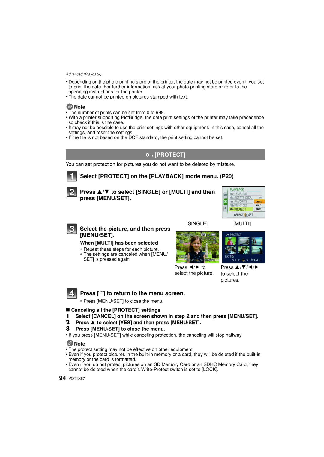 Panasonic DMC-FX48 operating instructions Protect, When Multi has been selected, Press 3/4/2/1 to select the pictures 