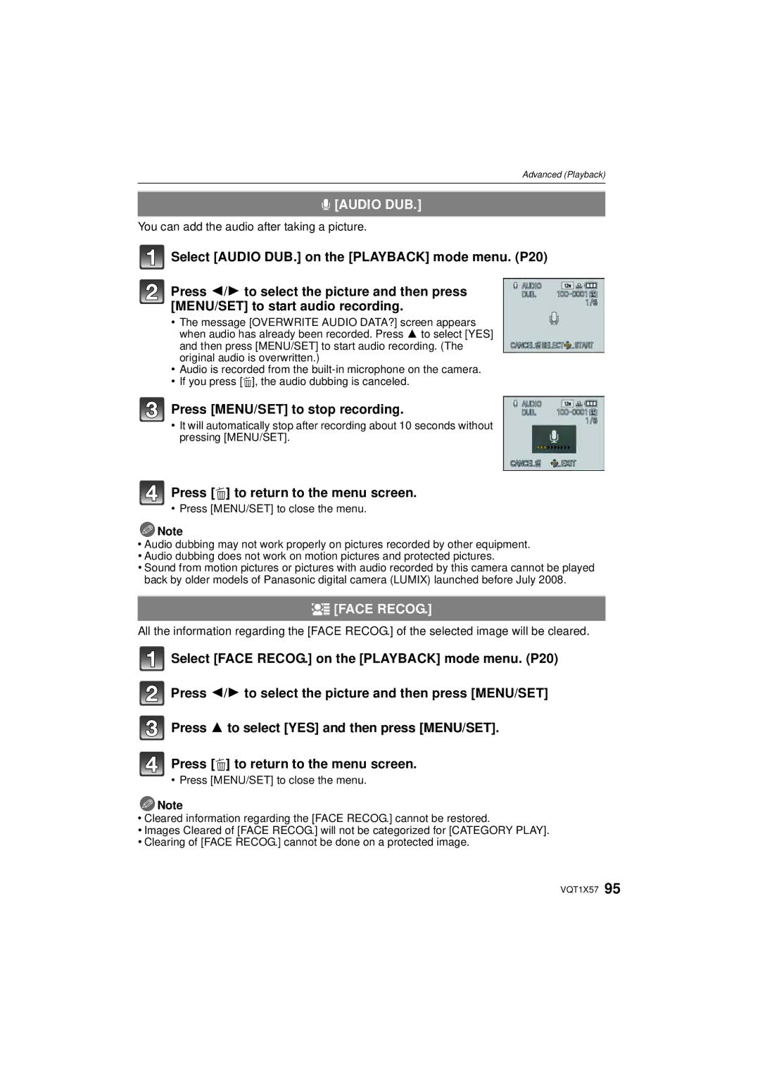 Panasonic DMC-FX48 Audio DUB, Press MENU/SET to stop recording, You can add the audio after taking a picture 