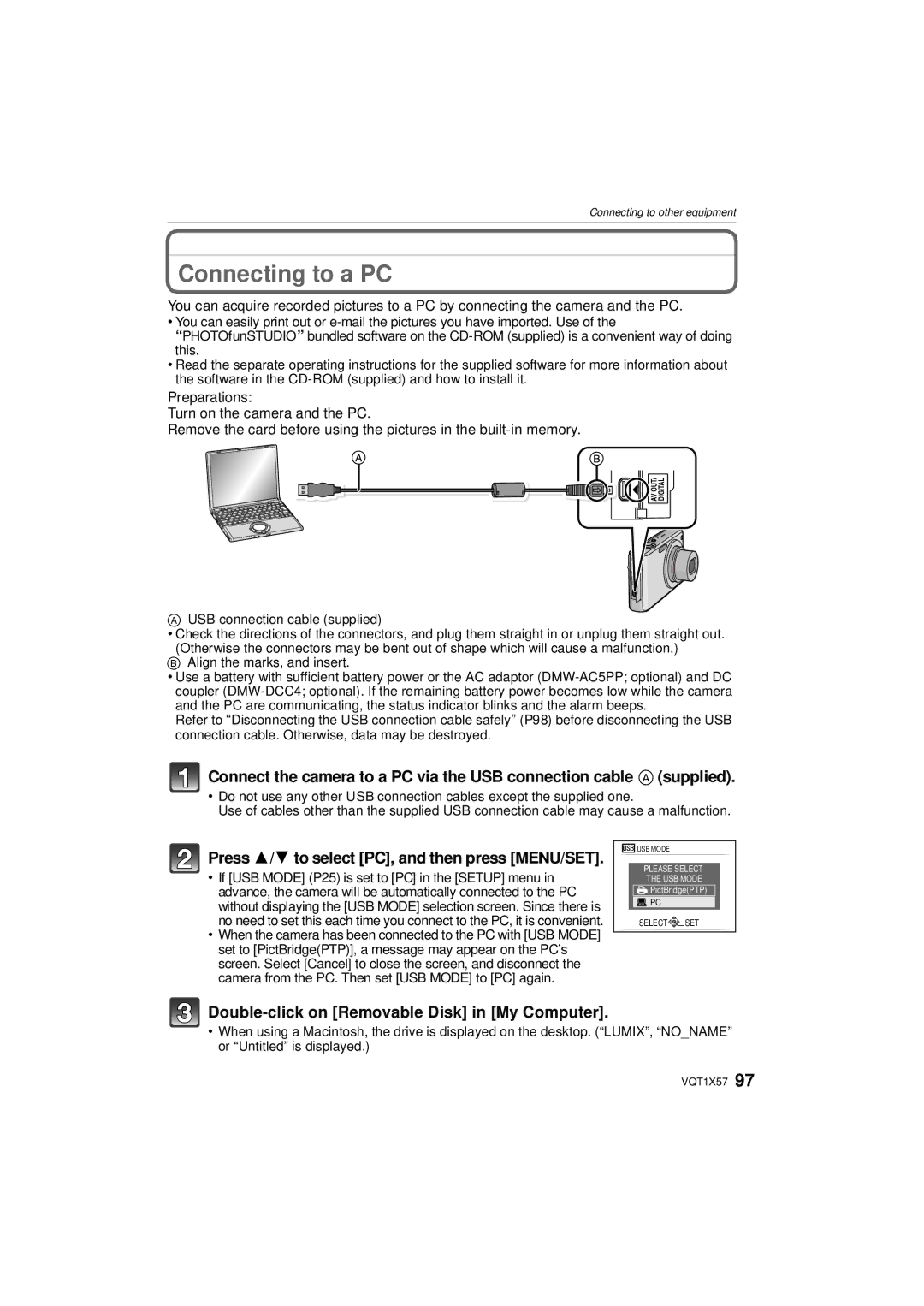 Panasonic DMC-FX48 operating instructions Connecting to a PC, Press 3/4 to select PC, and then press MENU/SET 