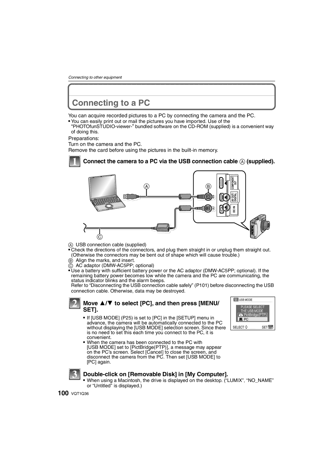 Panasonic DMC-FX500 Connecting to a PC, Move 3/4 to select PC, and then press Menu, USB connection cable supplied 