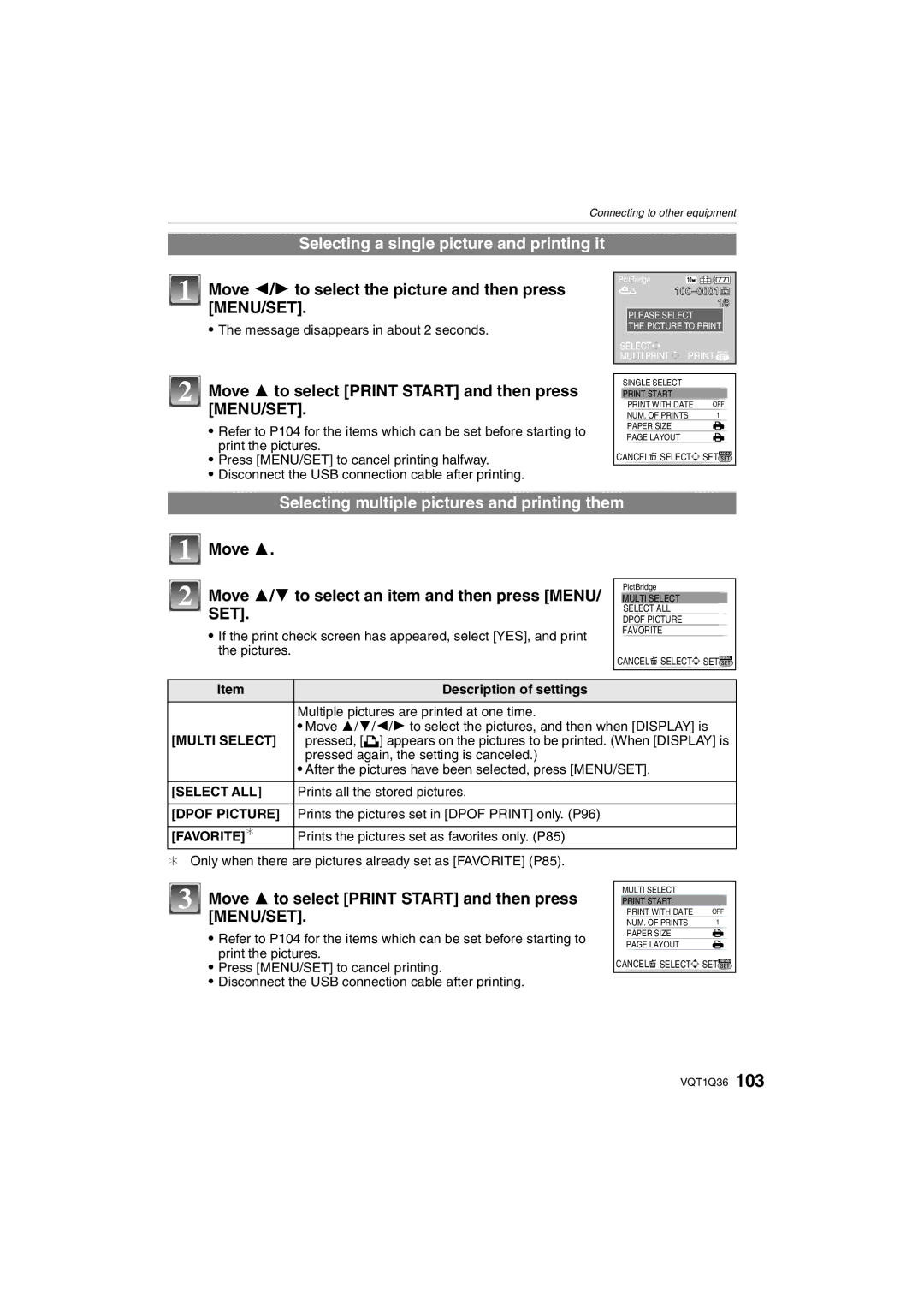 Panasonic DMC-FX500 Selecting a single picture and printing it, Move 3 to select Print Start and then press MENU/SET 