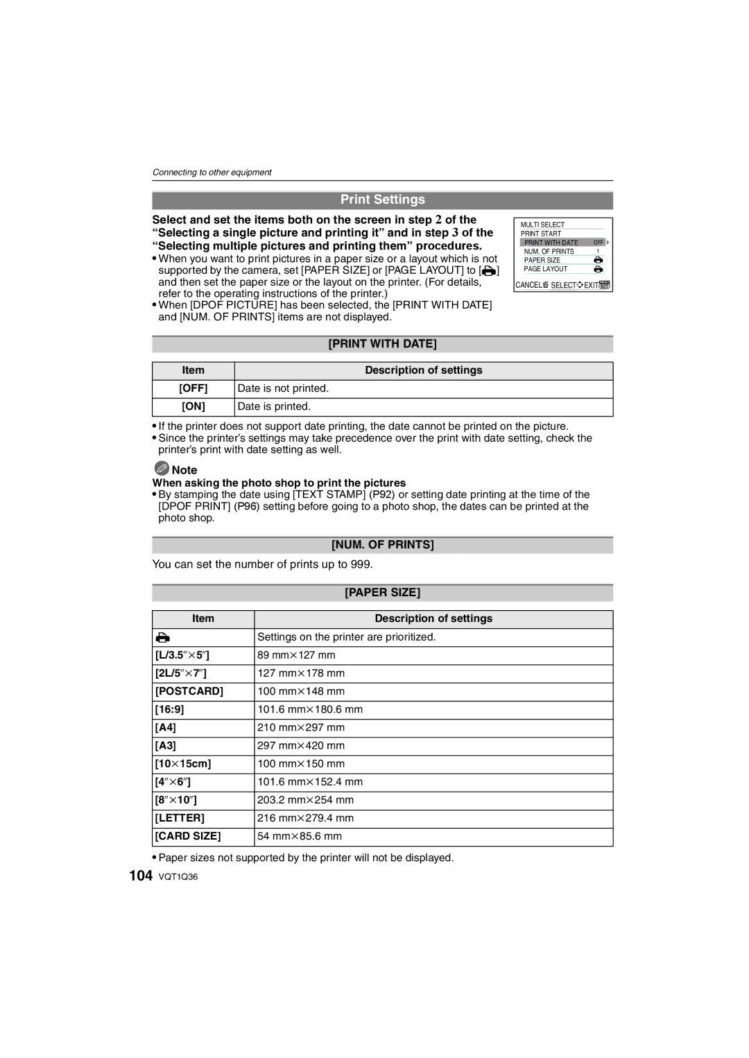 Panasonic DMC-FX500 Print Settings, Select and set the items both on the screen, Print with Date, NUM. of Prints 