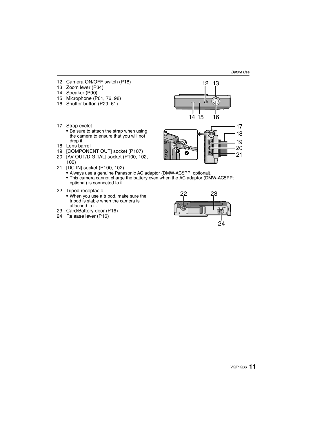 Panasonic DMC-FX500 Tripod receptacle, Card/Battery door P16 Release lever P16, Optional is connected to it 