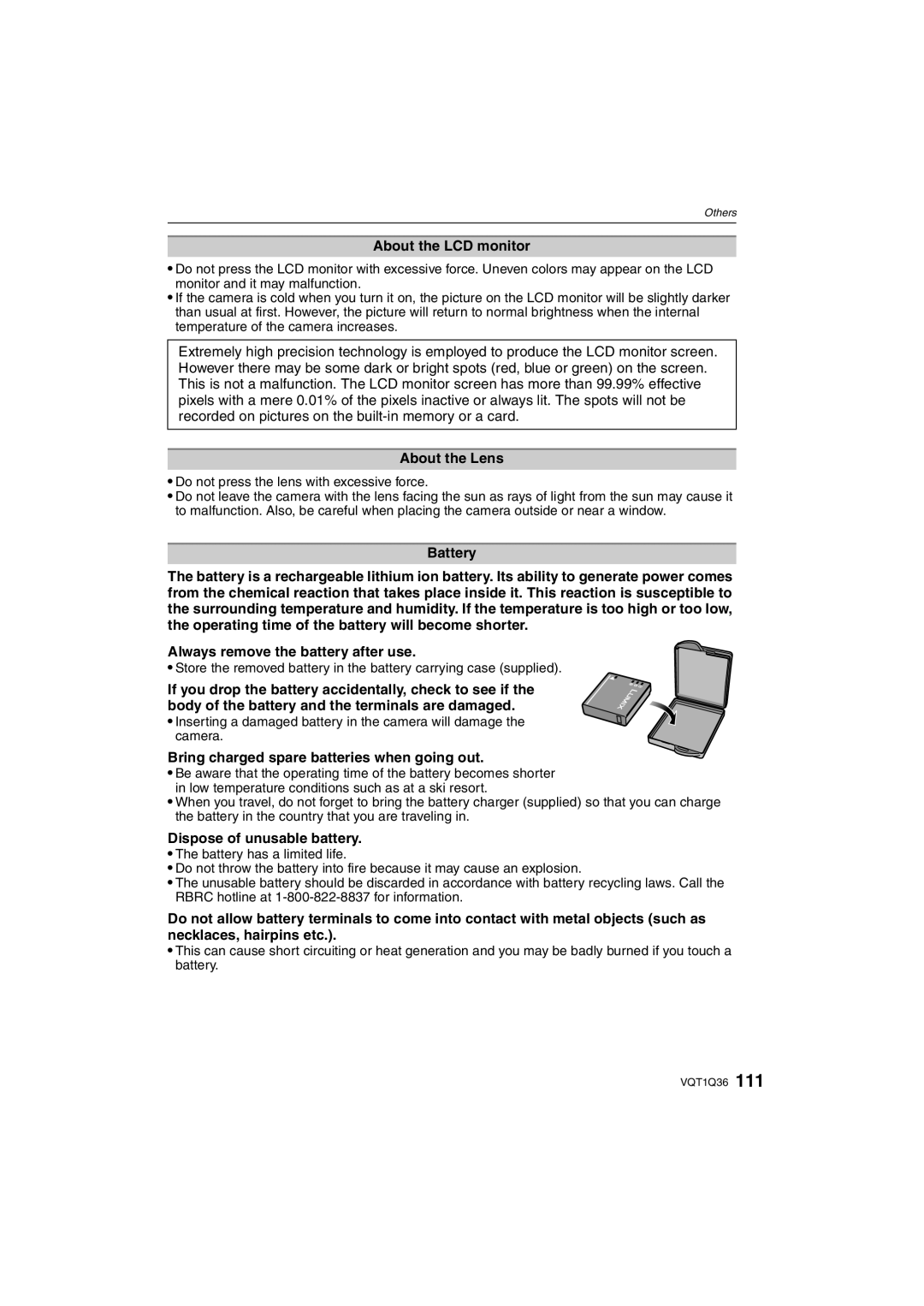 Panasonic DMC-FX500 About the LCD monitor, About the Lens, Battery, Always remove the battery after use 