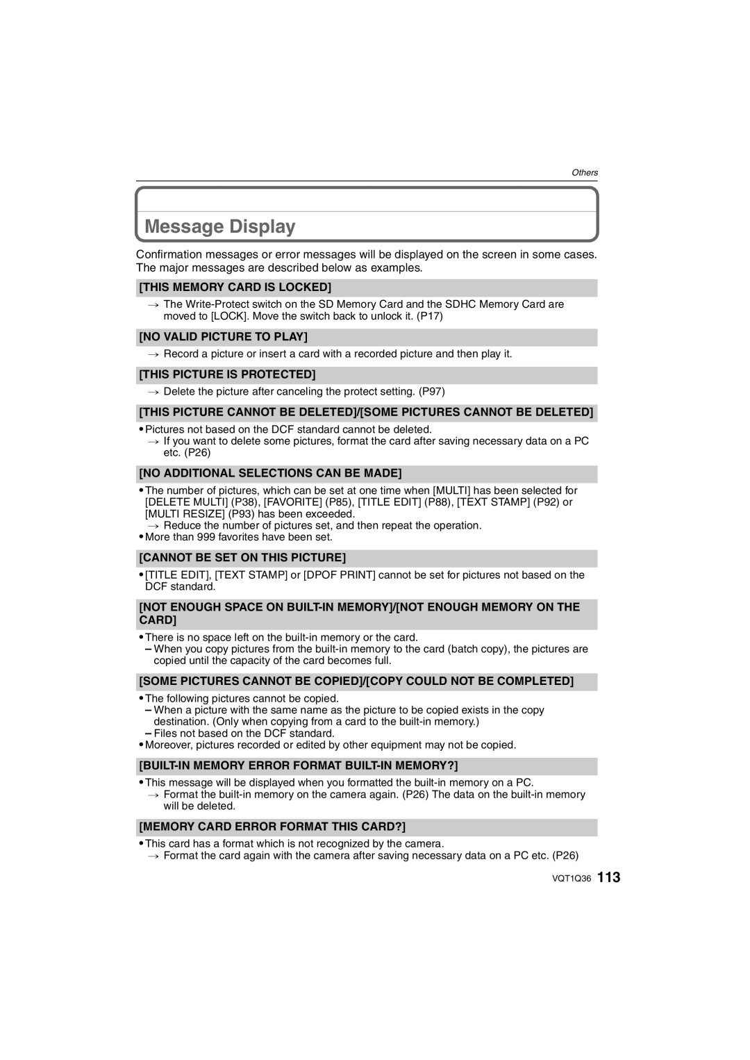 Panasonic DMC-FX500 operating instructions Message Display 