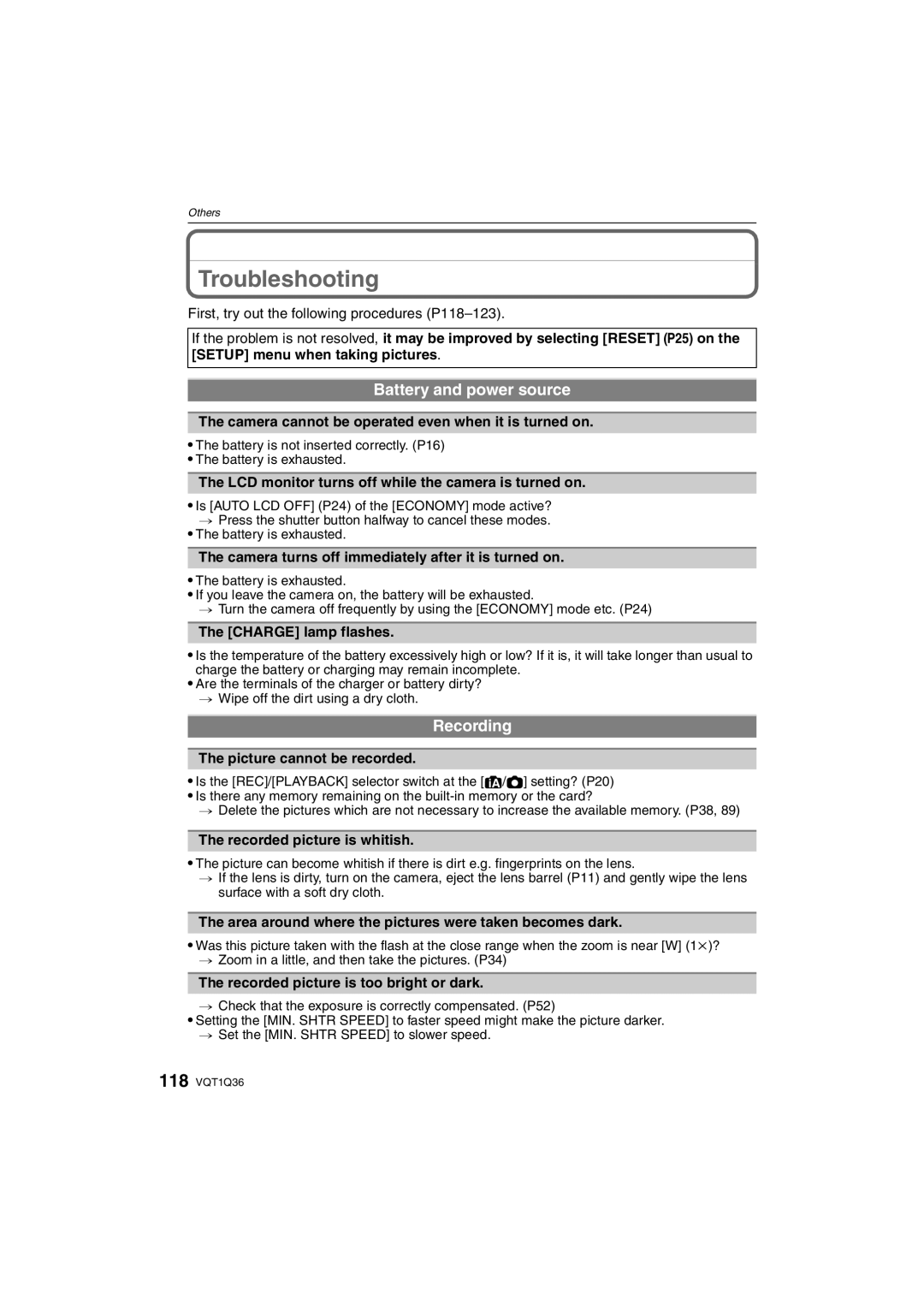 Panasonic DMC-FX500 operating instructions Troubleshooting, Battery and power source, Recording 