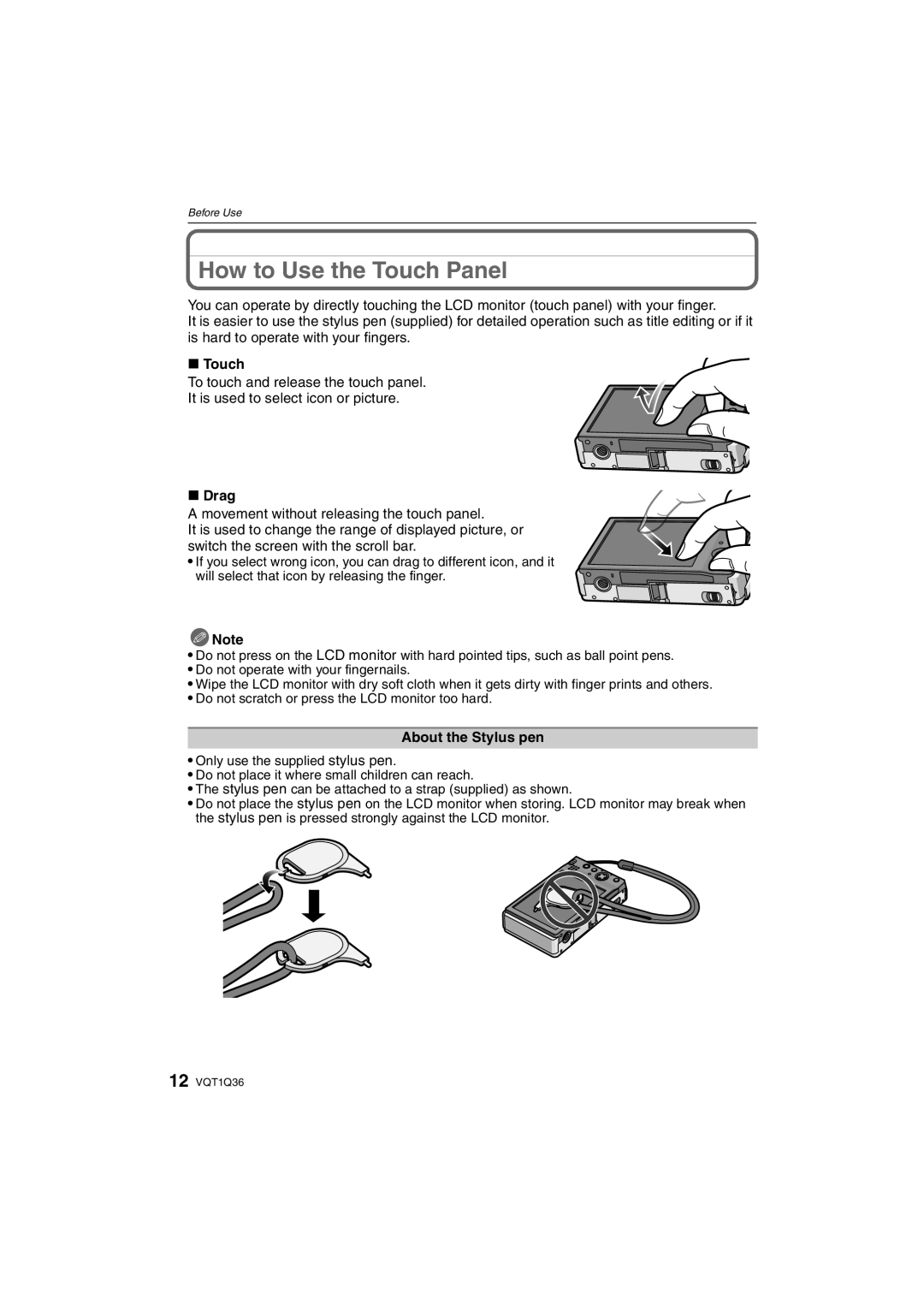 Panasonic DMC-FX500 operating instructions How to Use the Touch Panel, Drag, About the Stylus pen 