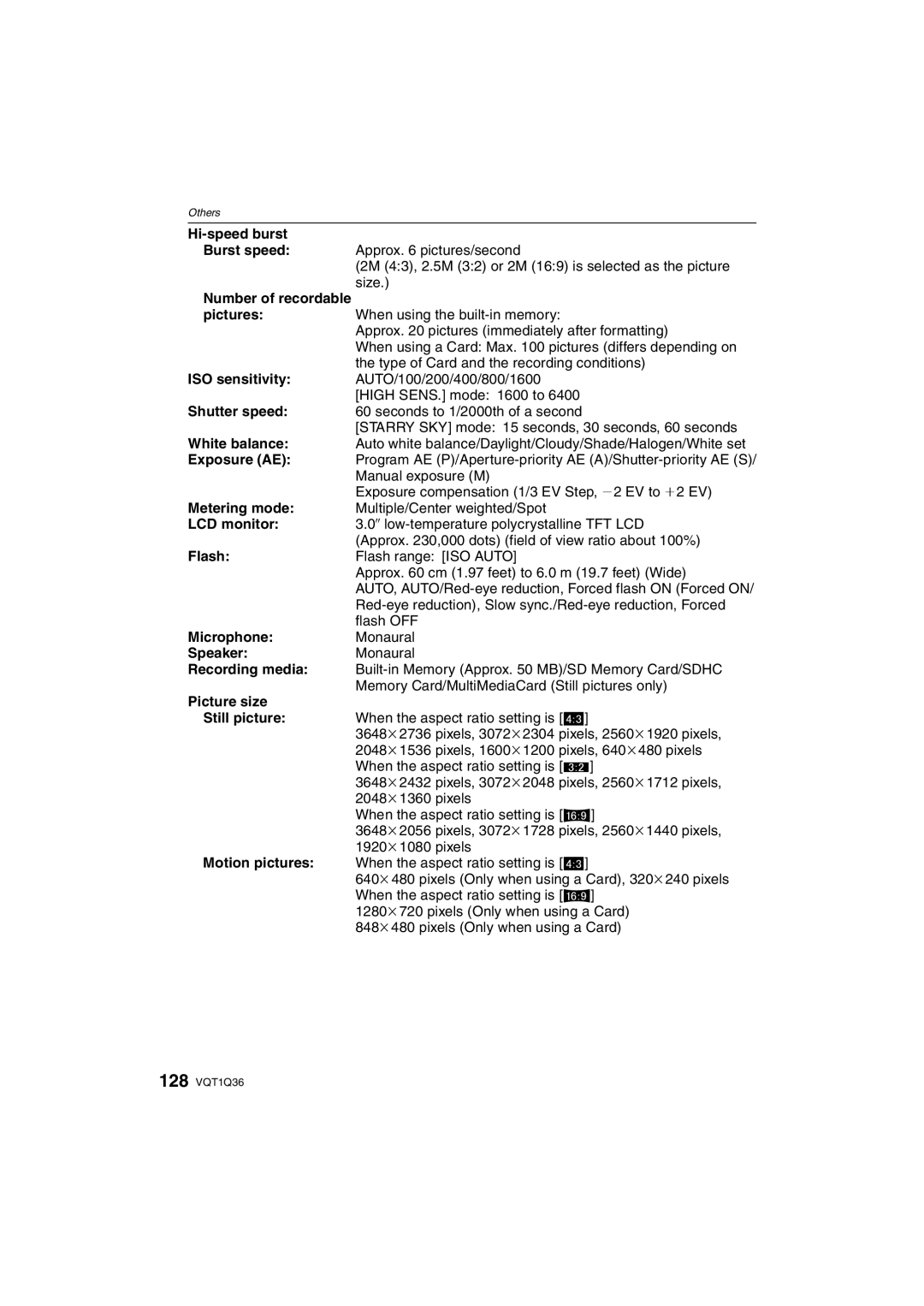 Panasonic DMC-FX500 Hi-speed burst Burst speed, Pictures, ISO sensitivity, Shutter speed, White balance, Exposure AE 