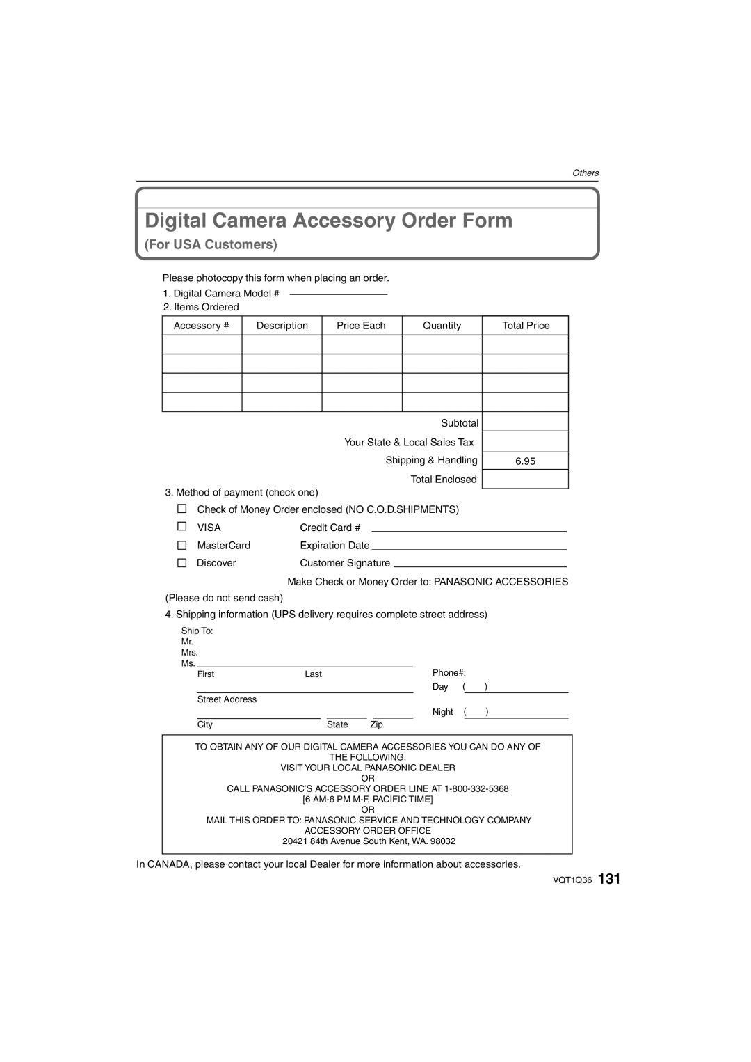 Panasonic DMC-FX500 operating instructions Digital Camera Accessory Order Form 