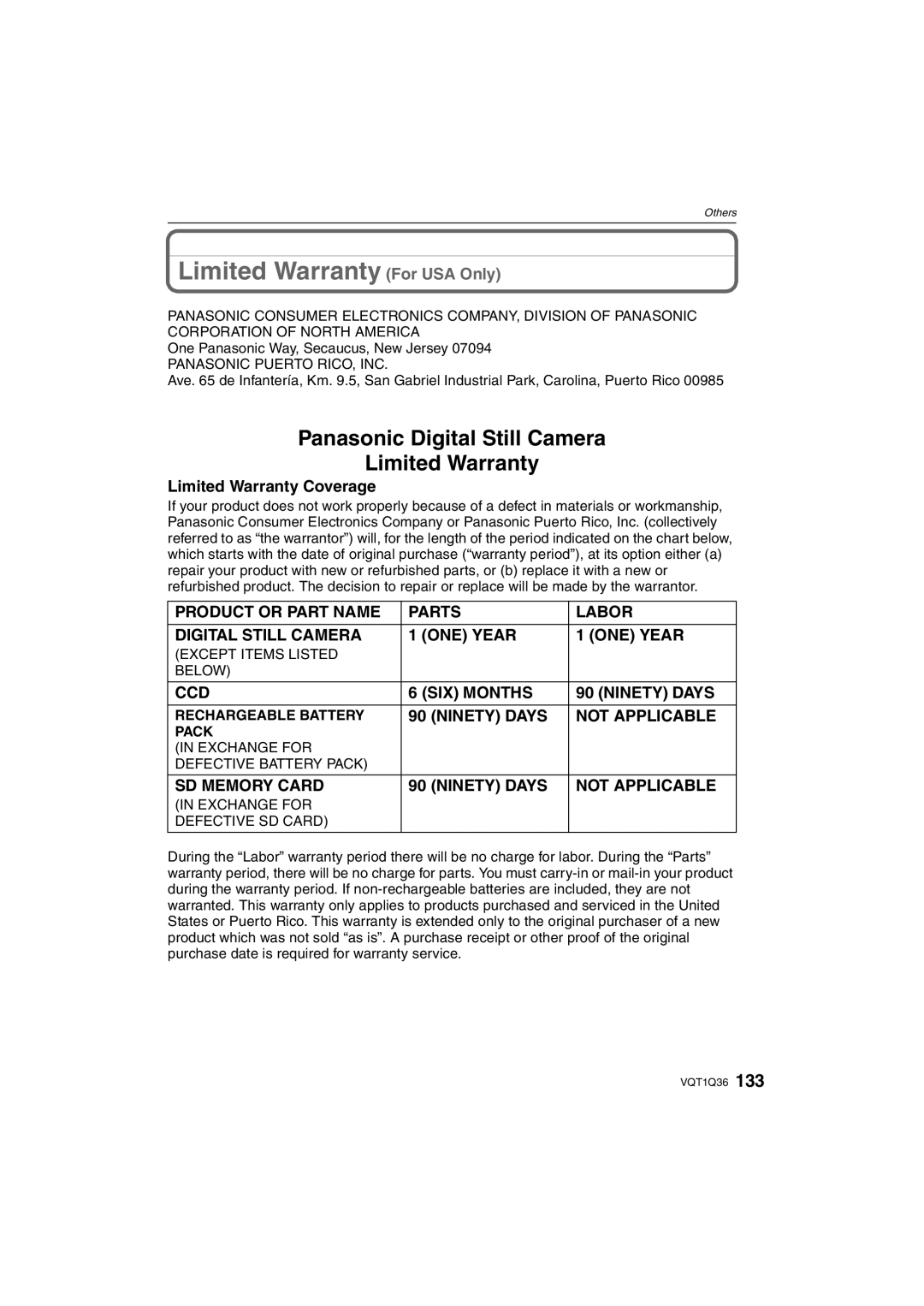 Panasonic DMC-FX500 operating instructions Limited Warranty Coverage, Except Items Listed Below, Rechargeable Battery 