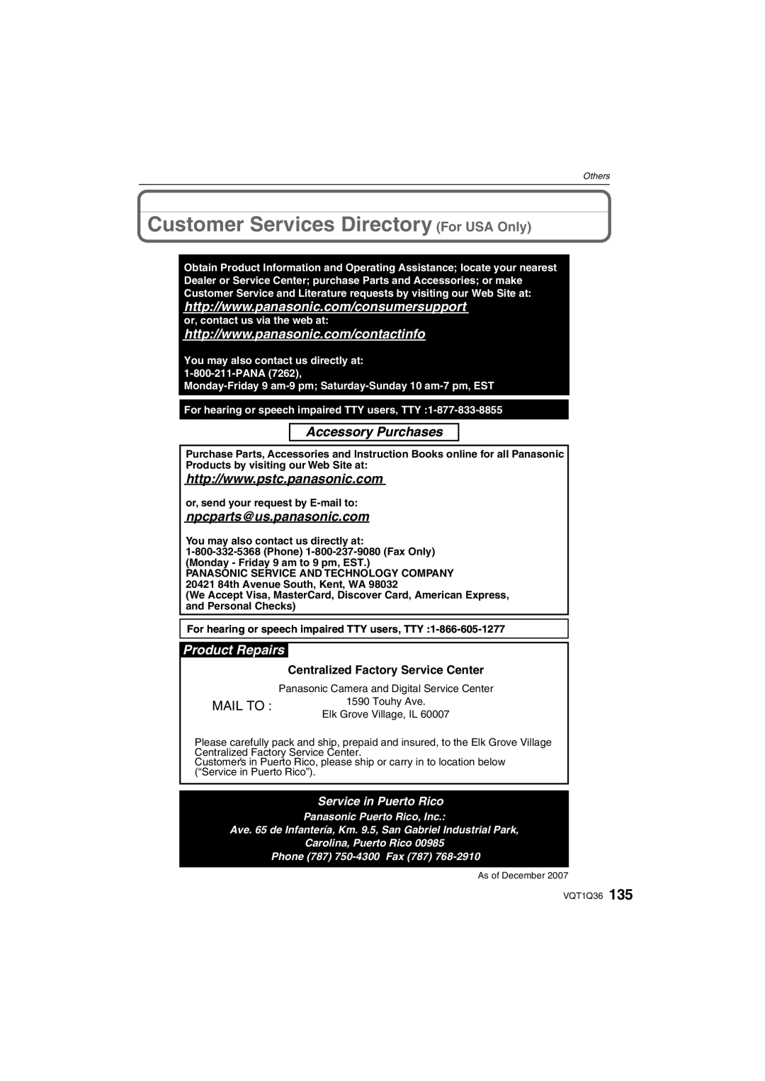 Panasonic DMC-FX500 operating instructions Customer Services Directory For USA Only, Centralized Factory Service Center 