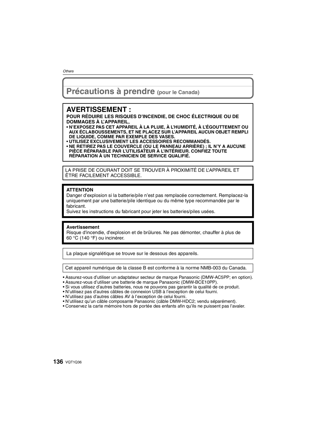 Panasonic DMC-FX500 operating instructions Précautions à prendre pour le Canada, Avertissement 