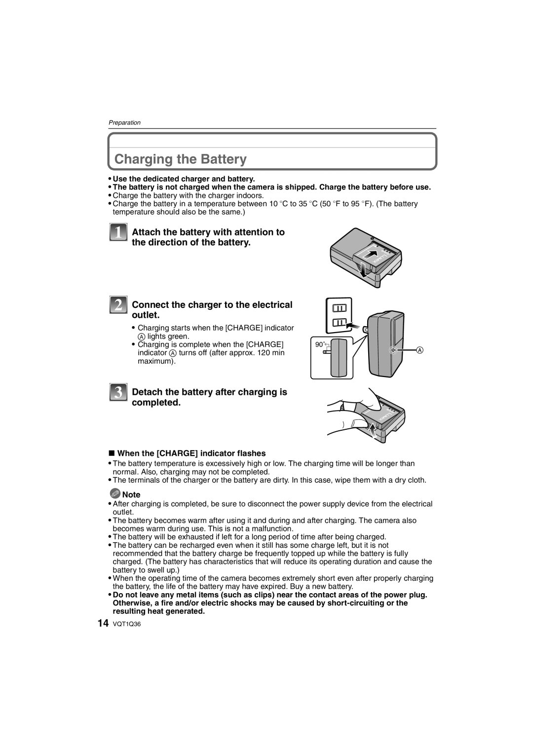 Panasonic DMC-FX500 operating instructions Charging the Battery, Detach the battery after charging is completed 