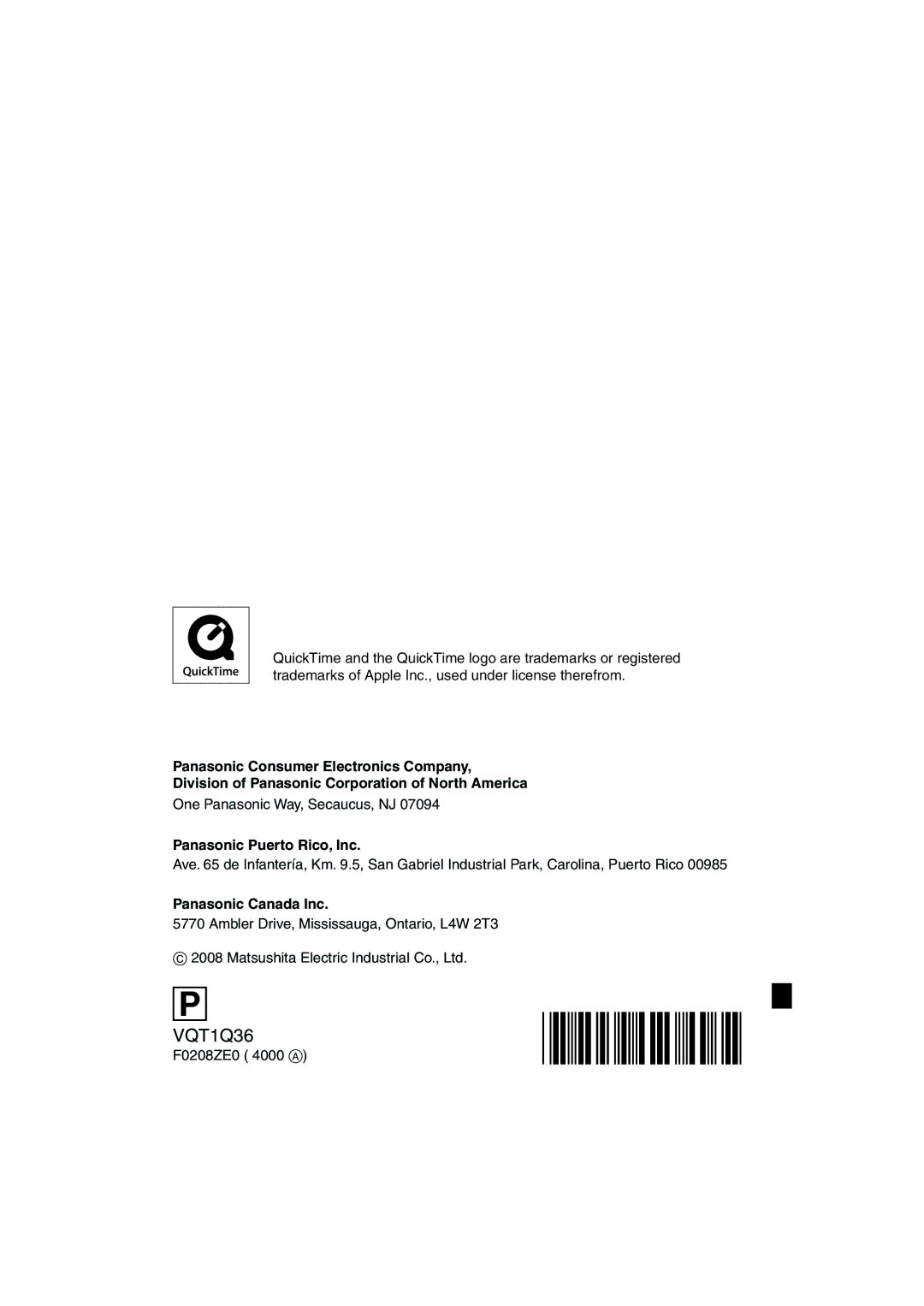 Panasonic DMC-FX500 One Panasonic Way, Secaucus, NJ, Panasonic Puerto Rico, Inc, Panasonic Canada Inc, F0208ZE0 4000 a 