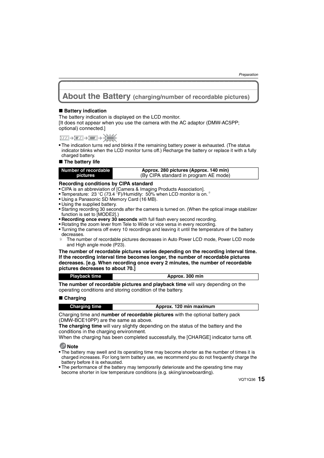 Panasonic DMC-FX500 Battery indication, Battery life, Recording conditions by Cipa standard, Approx min 