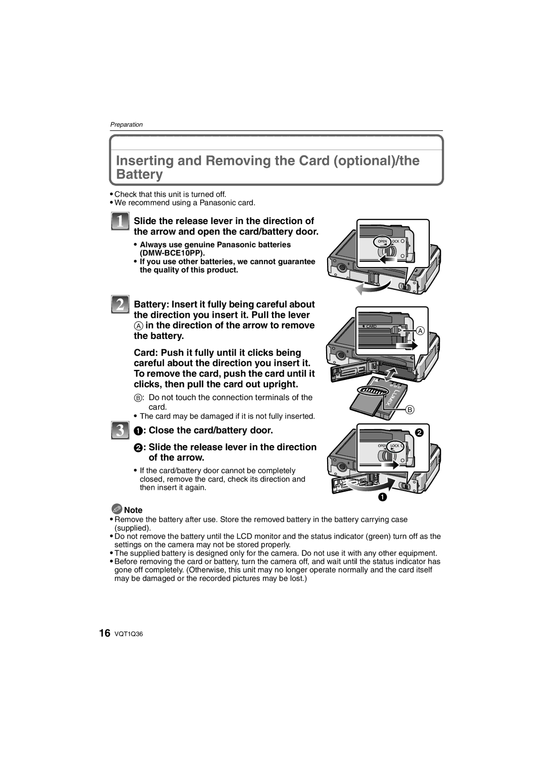 Panasonic DMC-FX500 Inserting and Removing the Card optional/the Battery, Card may be damaged if it is not fully inserted 